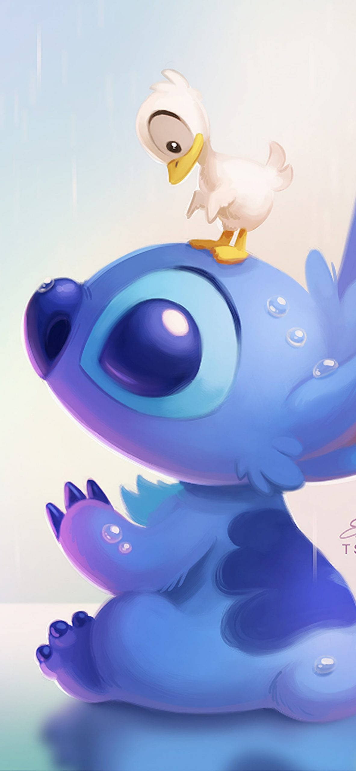stitch 3d 桌布 壁紙 — 一個可愛的藍色大眼睛外星人坐在雨中，一隻白色小鴨子棲息在他的頭上。