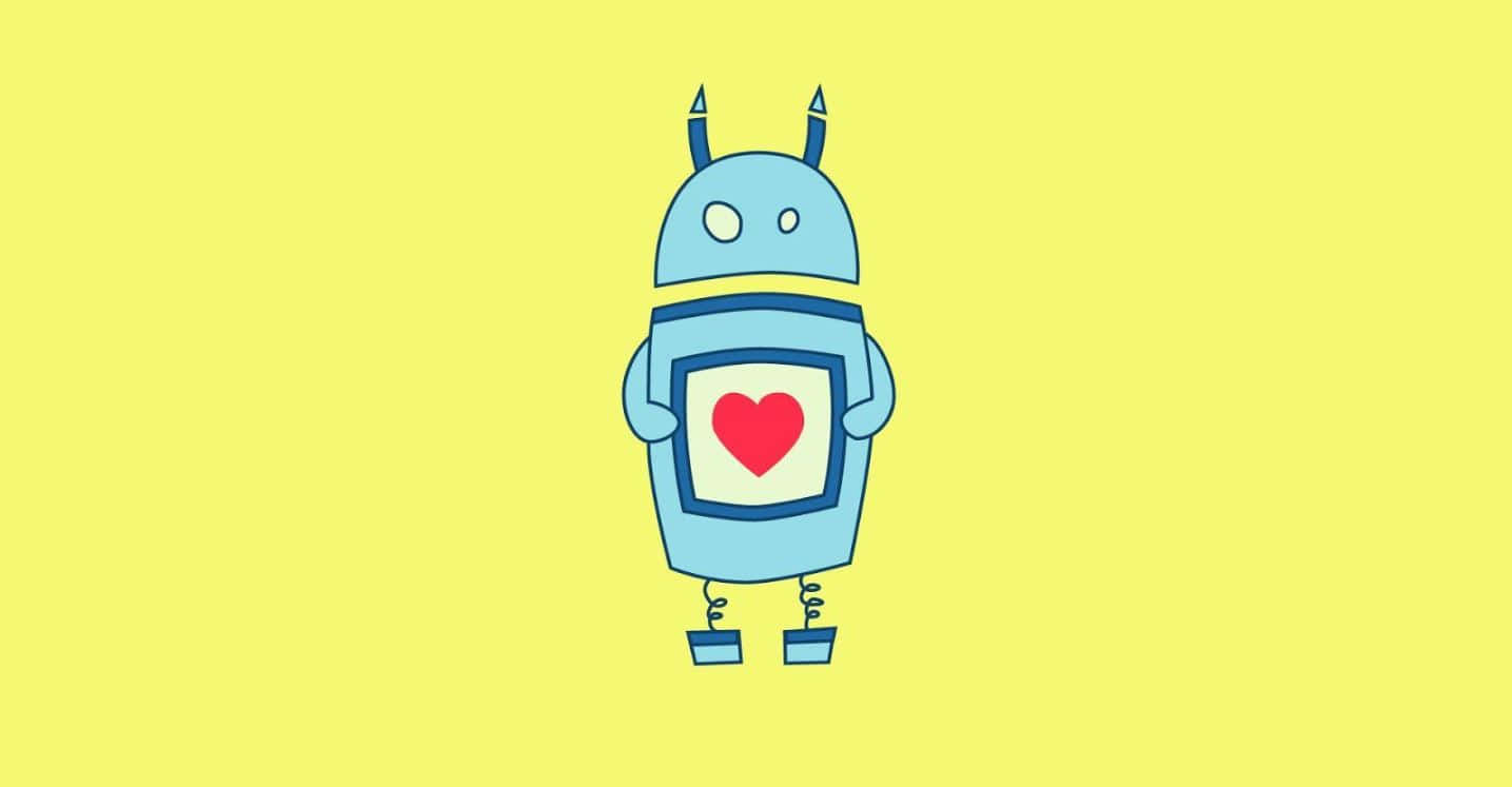 Kawaii Robot 桌布 壁紙 — 一個可愛的藍色機器人帶有天線，在明亮的黃色背景上拿著一顆紅心。