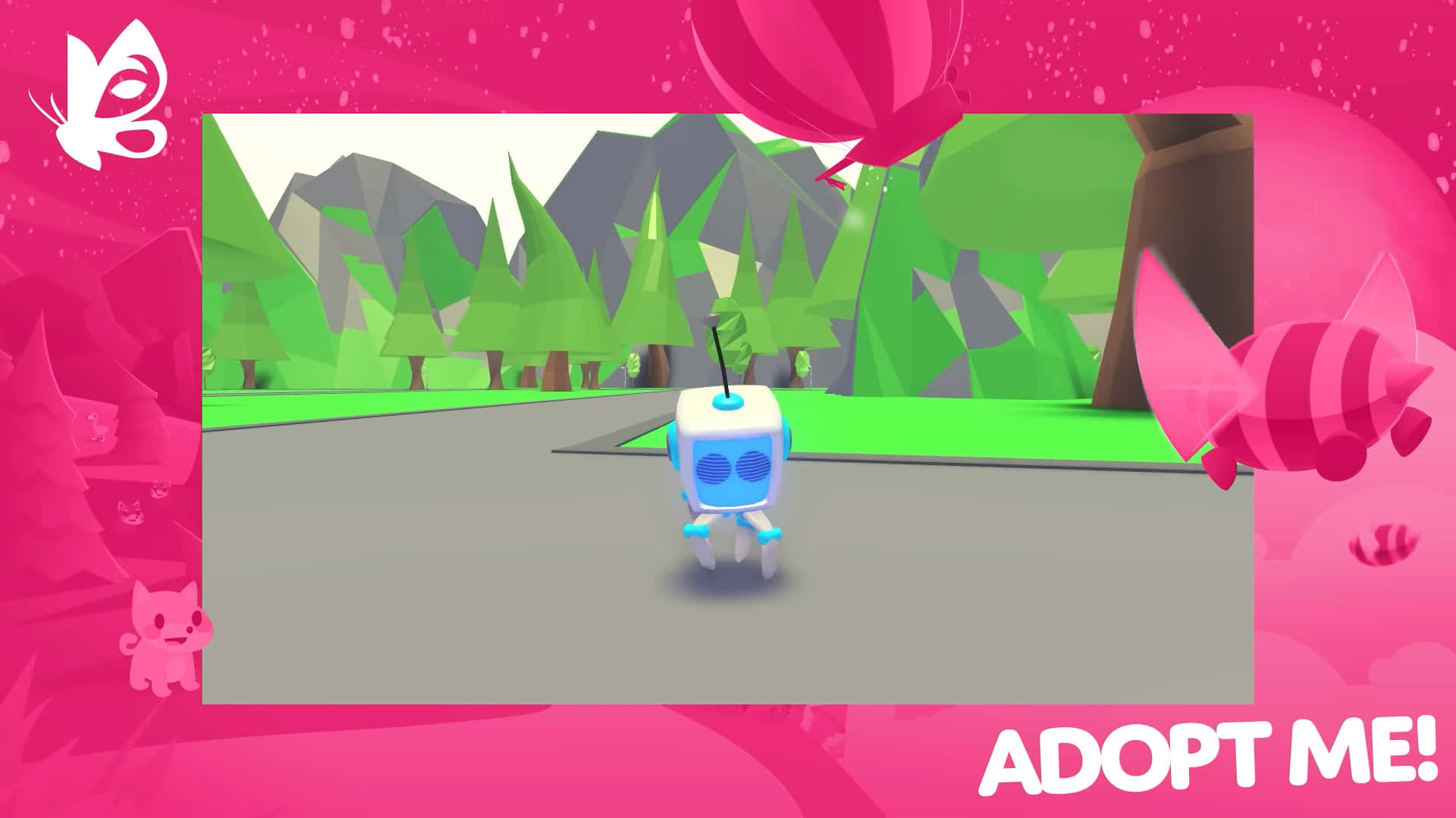 Roblox 桌布 壁紙 — 一個可愛的藍色機器人沿著一條穿過風格化綠色森林的小路行走，森林中有粉紅色的花卉點綴和一個「ADOPT ME!」的橫幅。