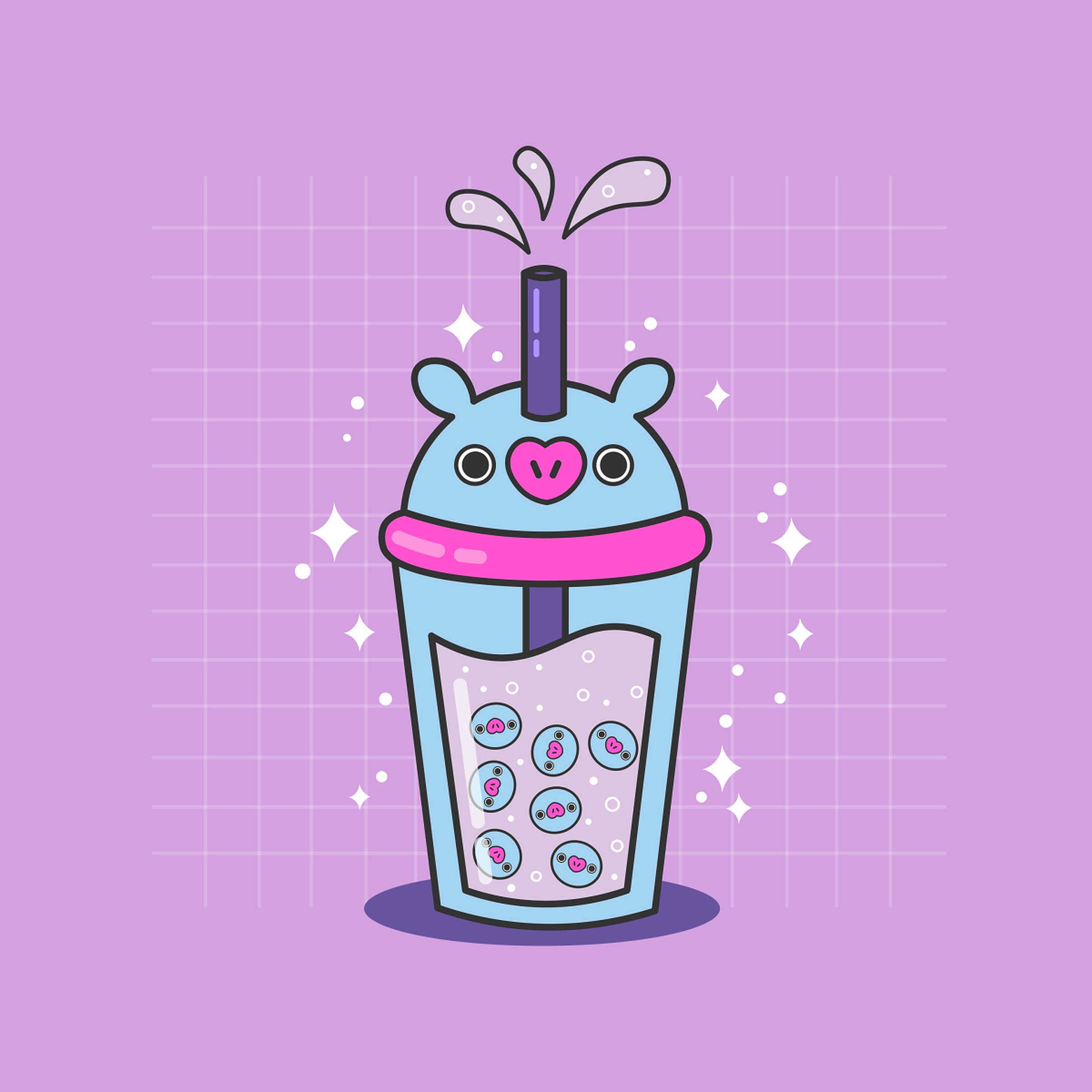 mang bt21 桌布 壁紙 — 一個可愛的藍色豬頭珍珠奶茶杯，帶有粉紅色心形波霸和閃光，背景為紫色網格。