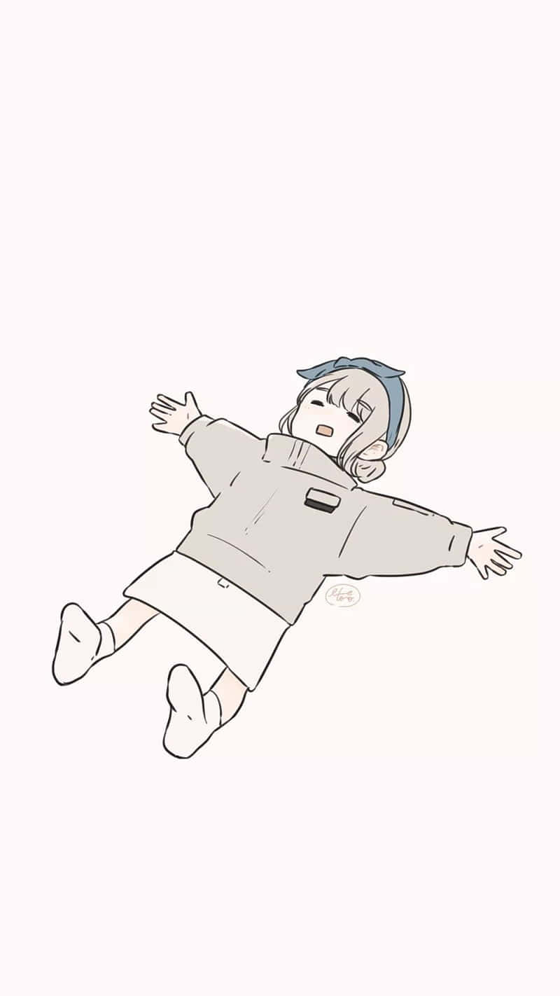 Anime White 桌布 壁紙 — 一個可愛的藍髮動漫女孩在純色背景上快樂地漂浮，手腳張開。