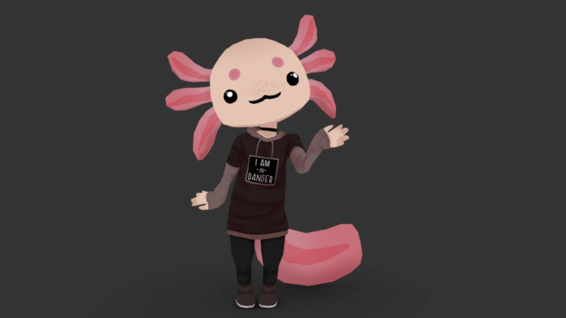 vrchat 桌布 壁紙 — 一個可愛的蠑螈角色，穿著黑色T恤，有粉紅色的鰓和尾巴，站在深灰色背景前。