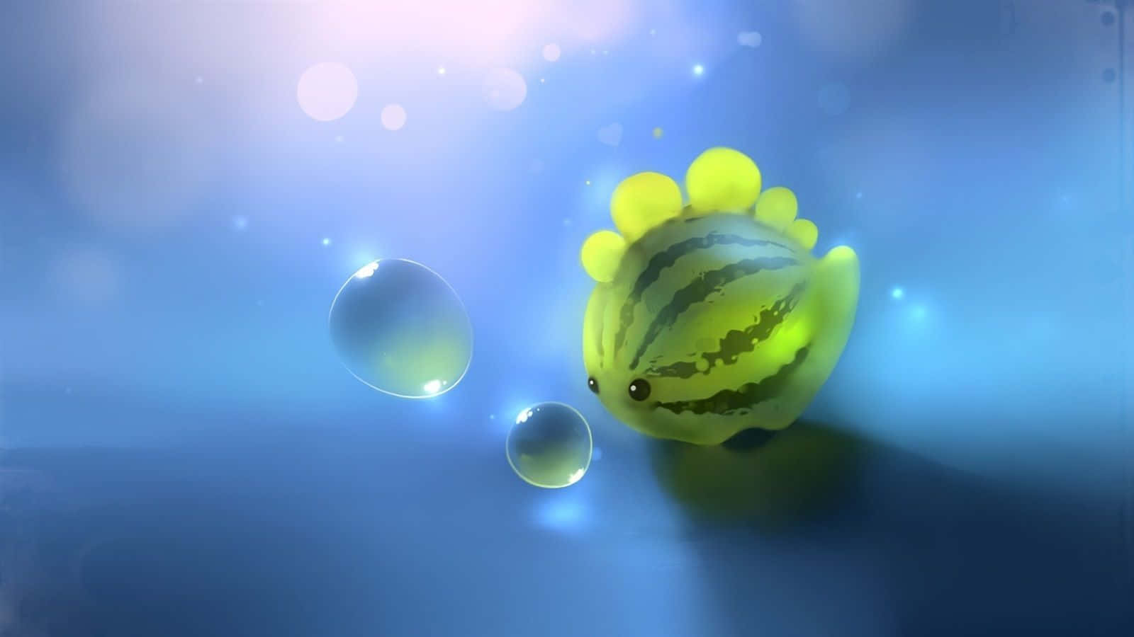 Cute Green Dinosaur 桌布 壁紙 — 一個可愛的西瓜形狀生物，帶有黃色尖刺，在發光的藍色水下場景中與氣泡一起游泳。