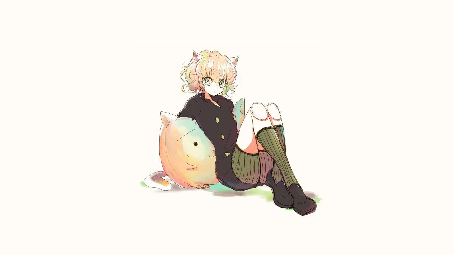 Neferpitou 桌布 壁紙 — 一個可愛的貓耳動漫女孩坐在一個大型微笑貓咪絨毛玩具旁邊，背景是純色。