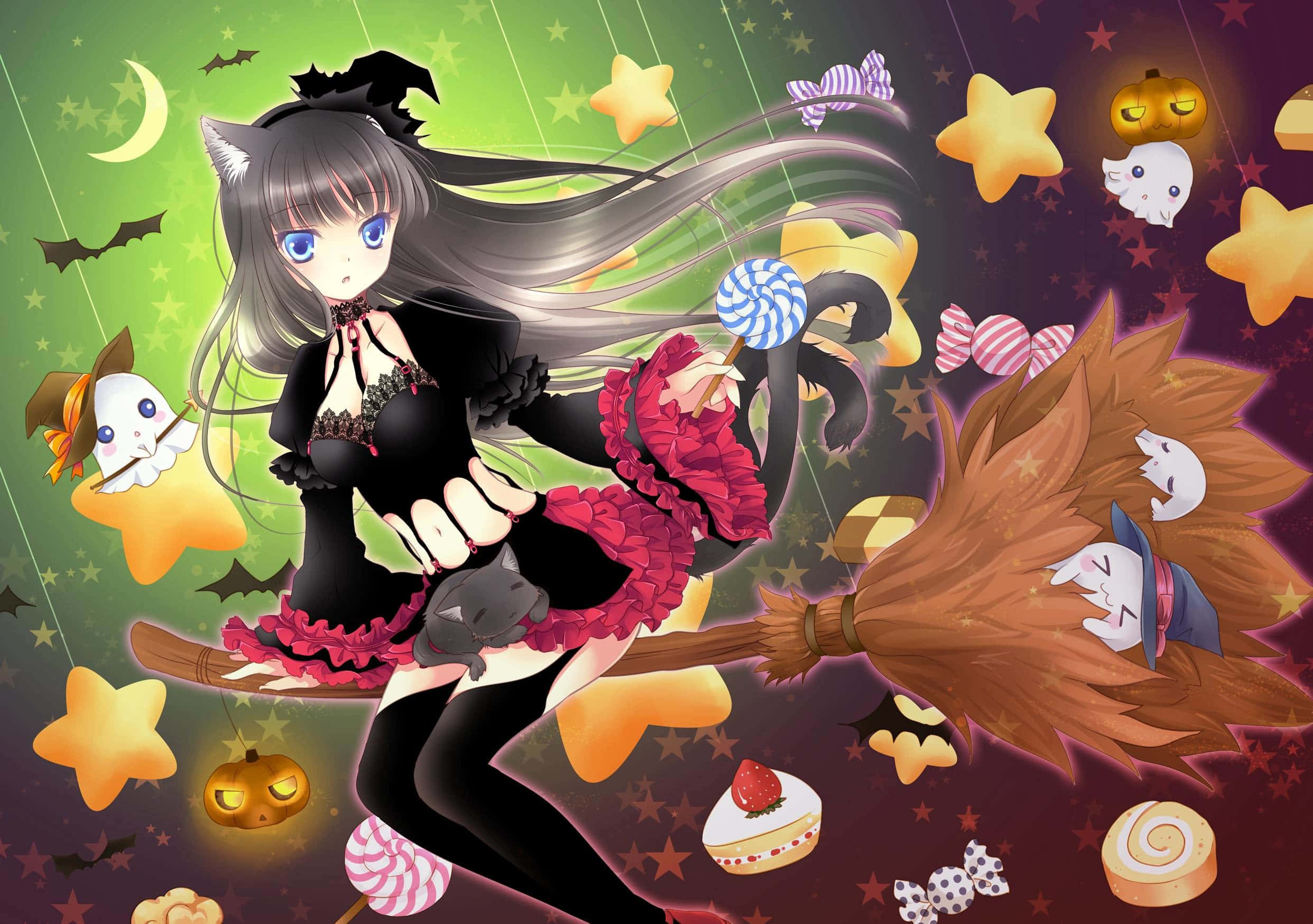 Halloween Profile 桌布 壁紙 — 一個可愛的貓耳動漫女巫騎著掃帚飛翔，周圍環繞著糖果鬼魂、南瓜和星星，營造出充滿活力的萬聖節場景。