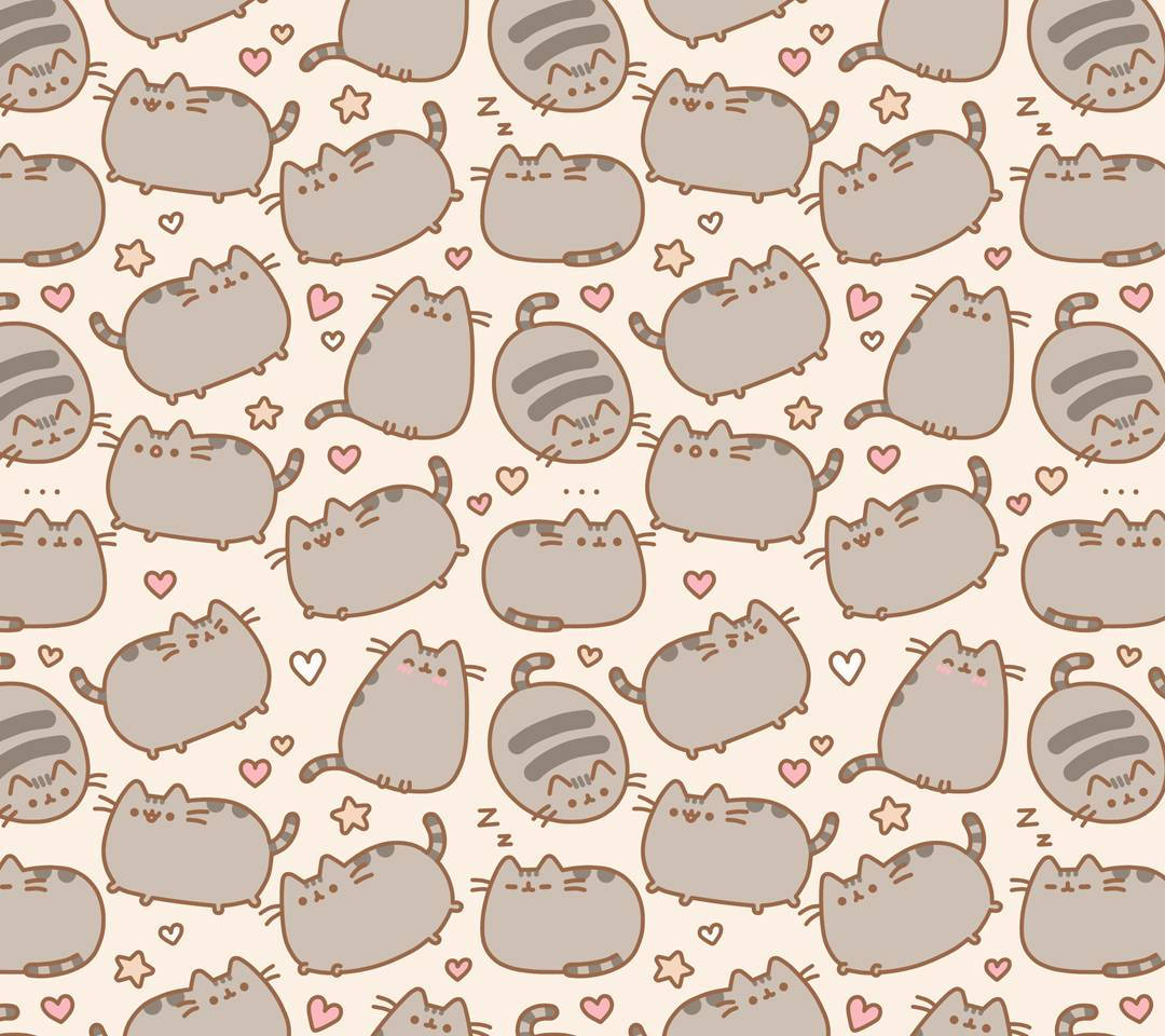 pusheen 動圖 桌布 壁紙 — 一個可愛的重複圖案，胖乎乎的卡通貓咪帶有心形和星星，在柔軟的米色背景上。