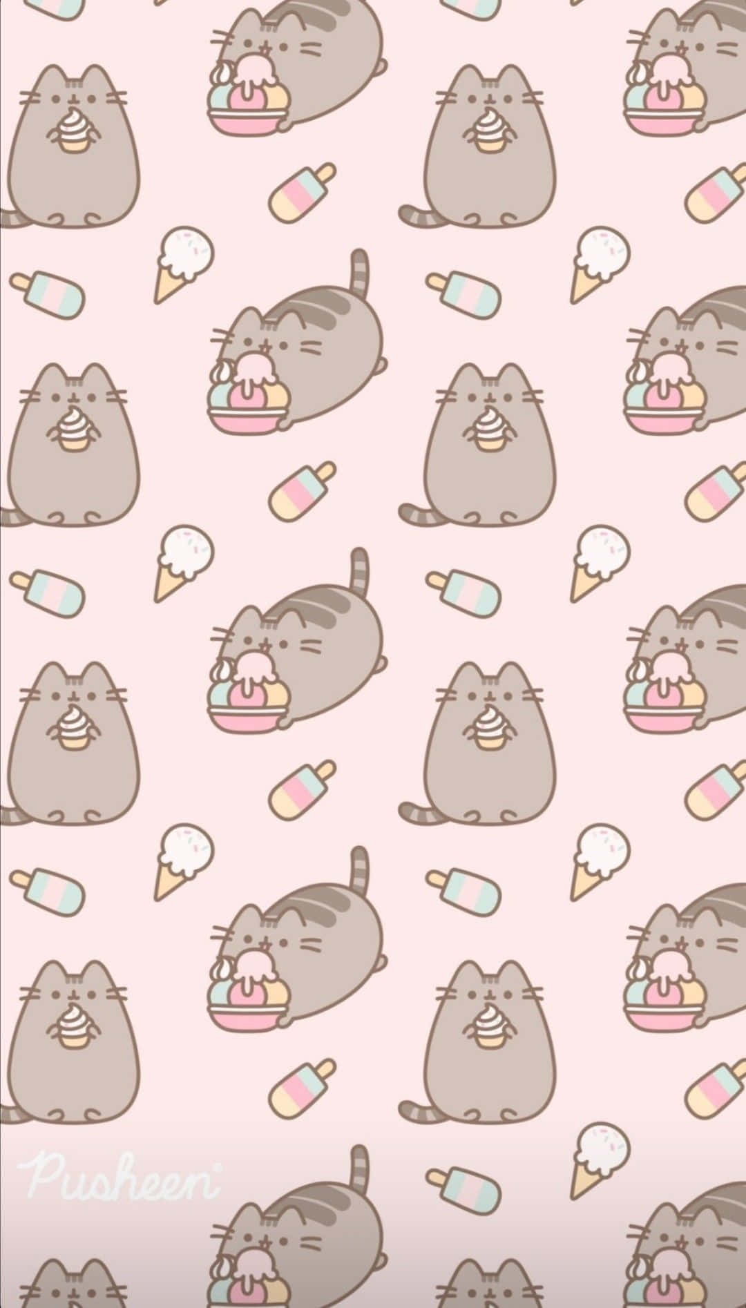 Cute Pusheen 桌布 壁紙 — 一個可愛的重複圖案，貓咪Pusheen在柔和的粉紅色背景上享受冰淇淋美食。
