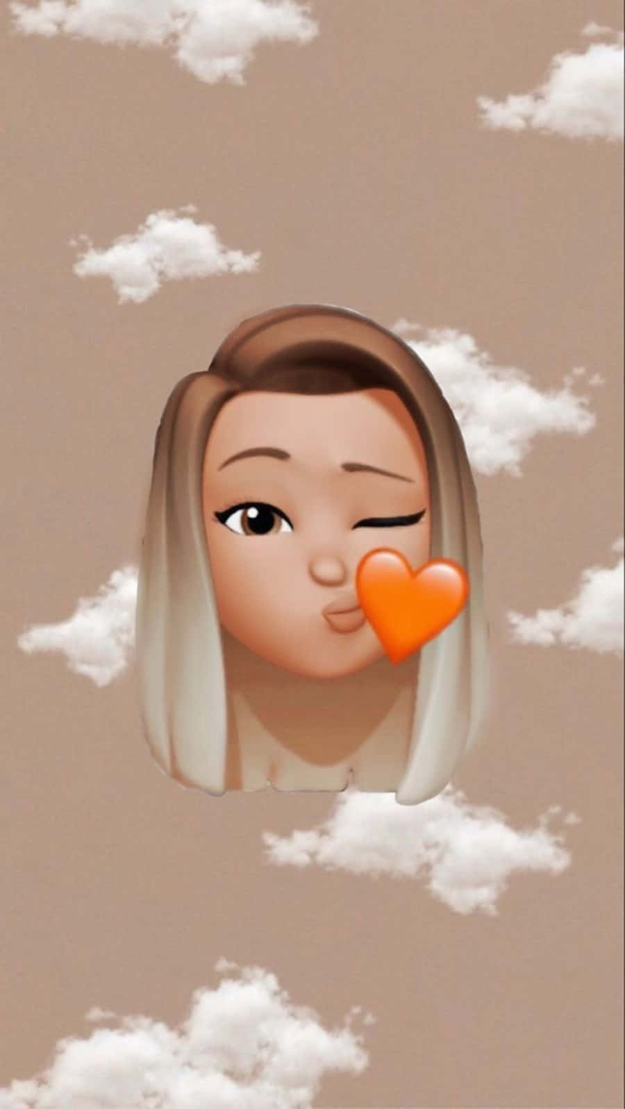 Kissing 桌布 壁紙 — 一個可愛的金髮卡通女孩眨眼，同時透過蓬鬆的白色雲朵吹出一個明亮的橙色心形飛吻。