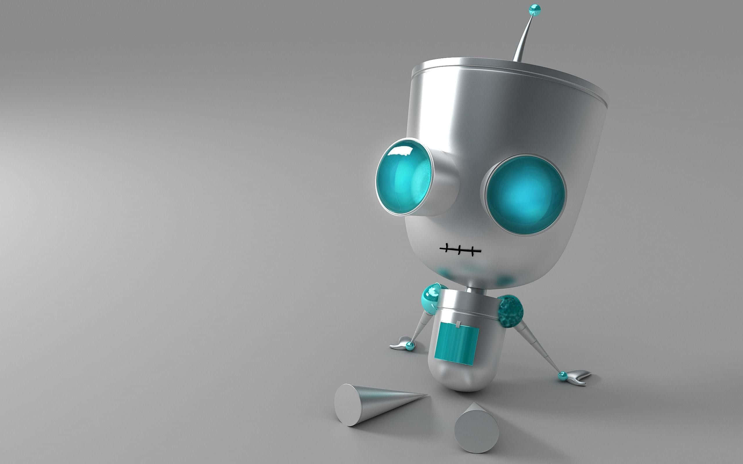 Kawaii Robot 桌布 壁紙 — 一個可愛的銀色機器人，擁有發光的青色眼睛和天線，站在一個帶有幾何形狀的純灰色表面上。