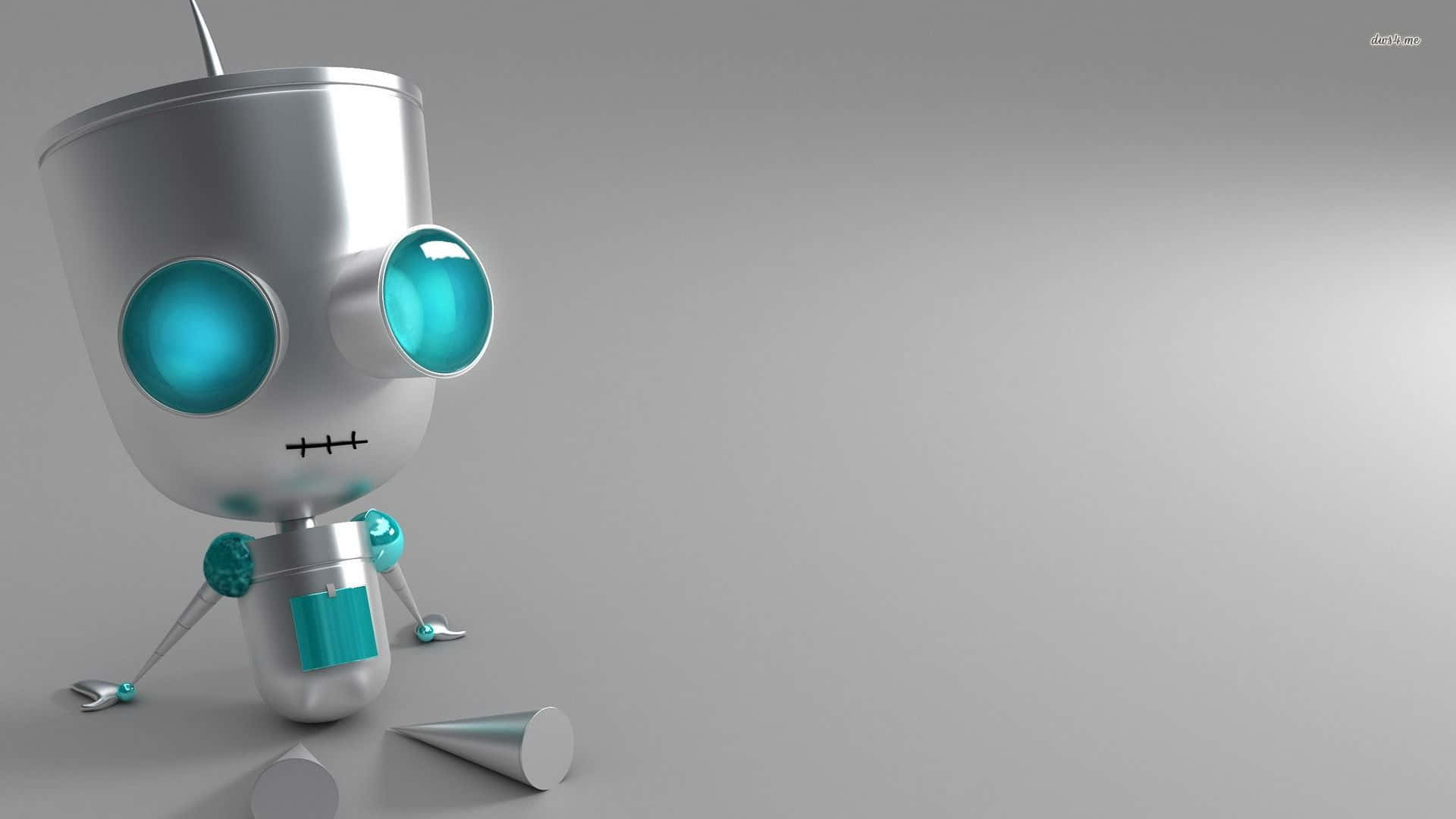Cartoon Robot 桌布 壁紙 — 一個可愛的銀色機器人，擁有發光的青綠色眼睛，站在一個普通的灰色表面上，周圍散落著幾何形狀。