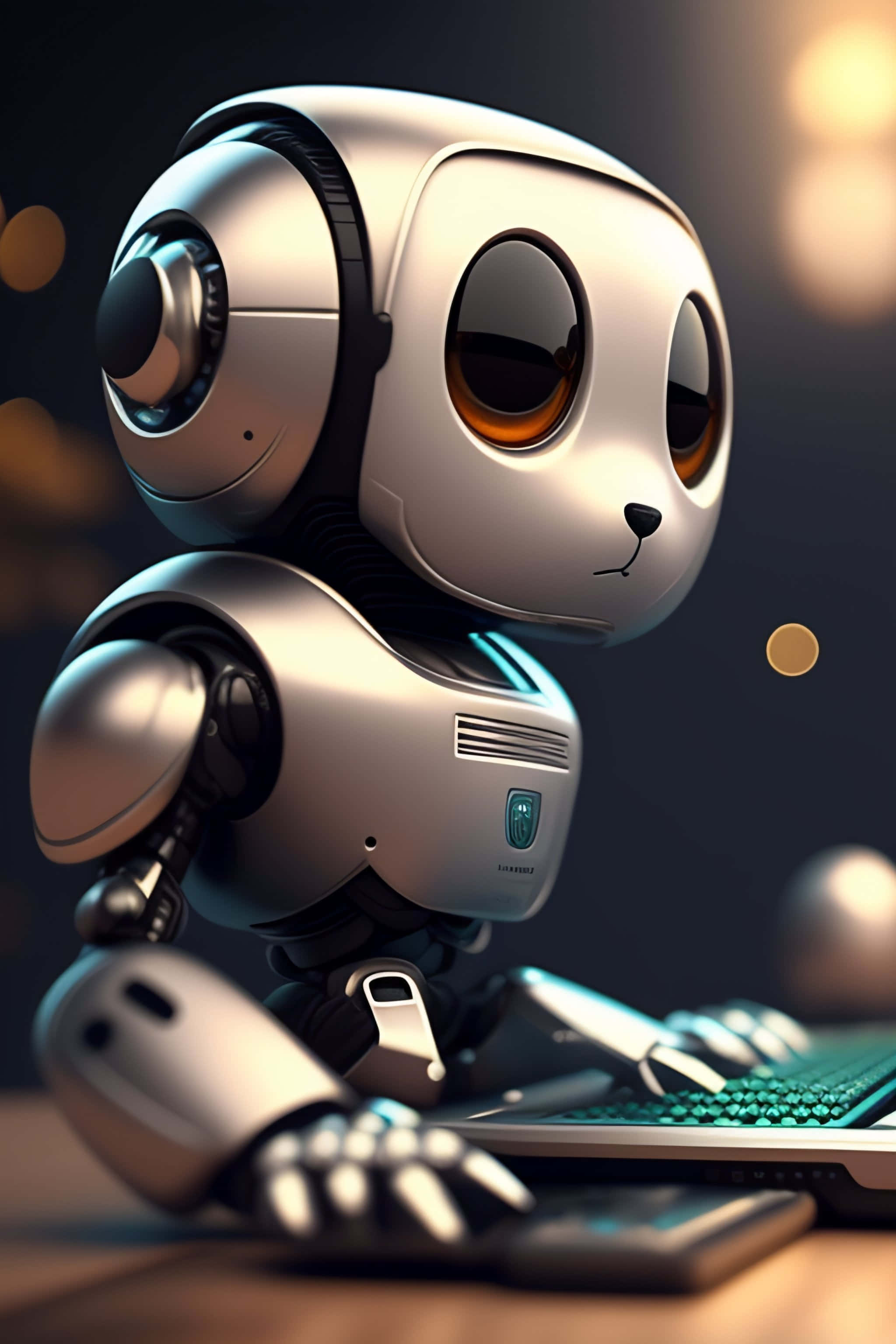 Kawaii Robot 桌布 壁紙 — 一個可愛的銀色機器人，有著大大的琥珀色眼睛，在柔和光線的房間裡用發光的綠色鍵盤打字。