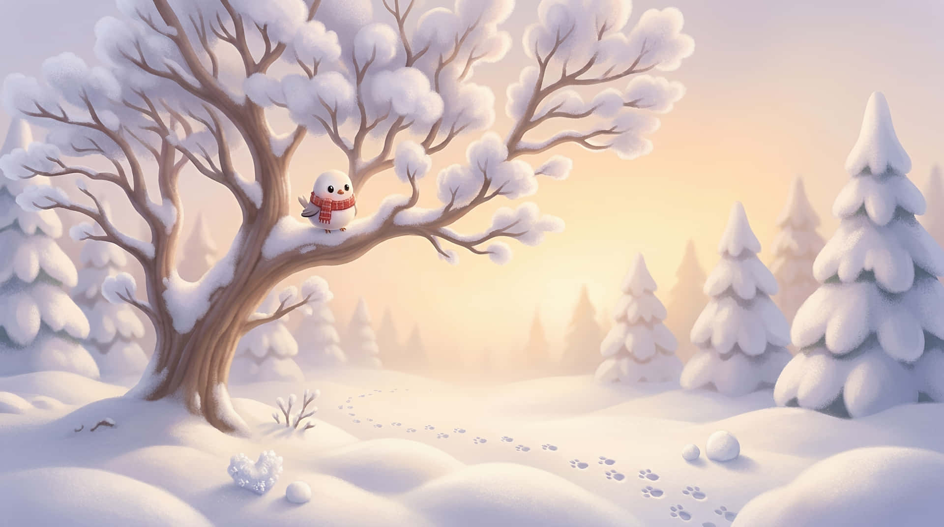 Whimsical Kawaii Winter Forest with Cute Bird in Scarf 壁紙 — 一個可愛的雪人戴著紅色圍巾，棲息在日出時寧靜冬日森林中積雪的樹枝上。