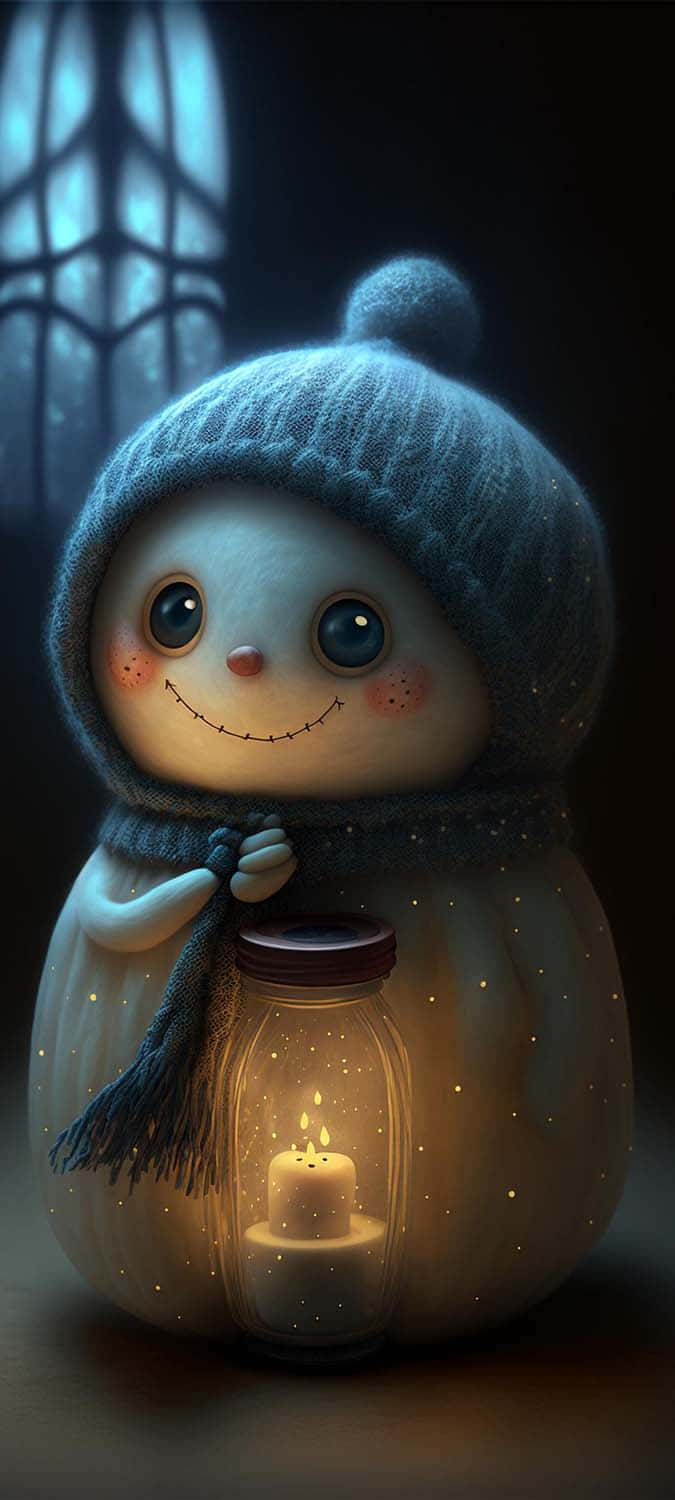 cute happy 桌布 壁紙 — 一個可愛的雪人戴著針織帽，在帶有霜花圖案的黑暗窗戶前，拿著一個發光的蠟燭罐。