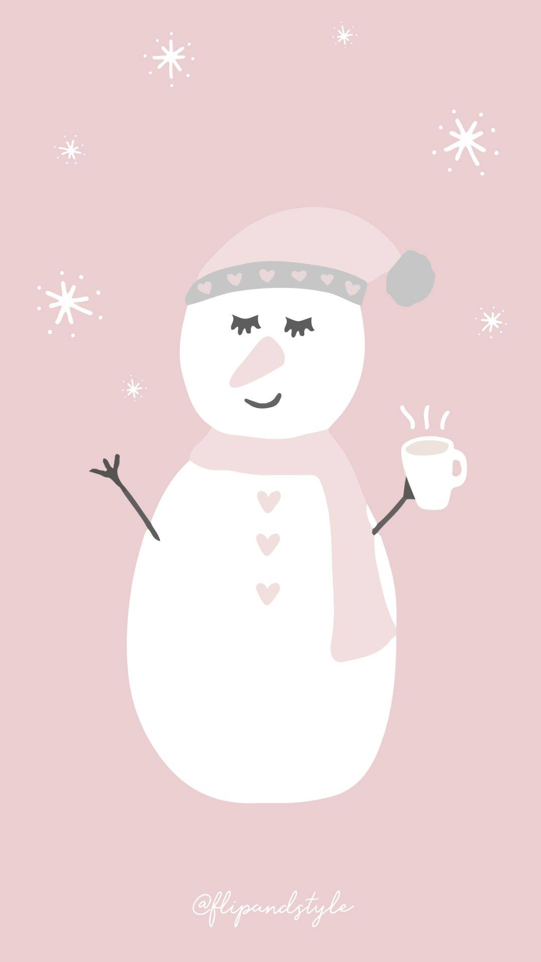 Kawaii Christmas 桌布 壁紙 — 一個可愛的雪人閉著眼睛，戴著粉紅色帽子，在柔和的粉紅色背景上，白色雪花飄落，拿著一個冒著熱氣的杯子。