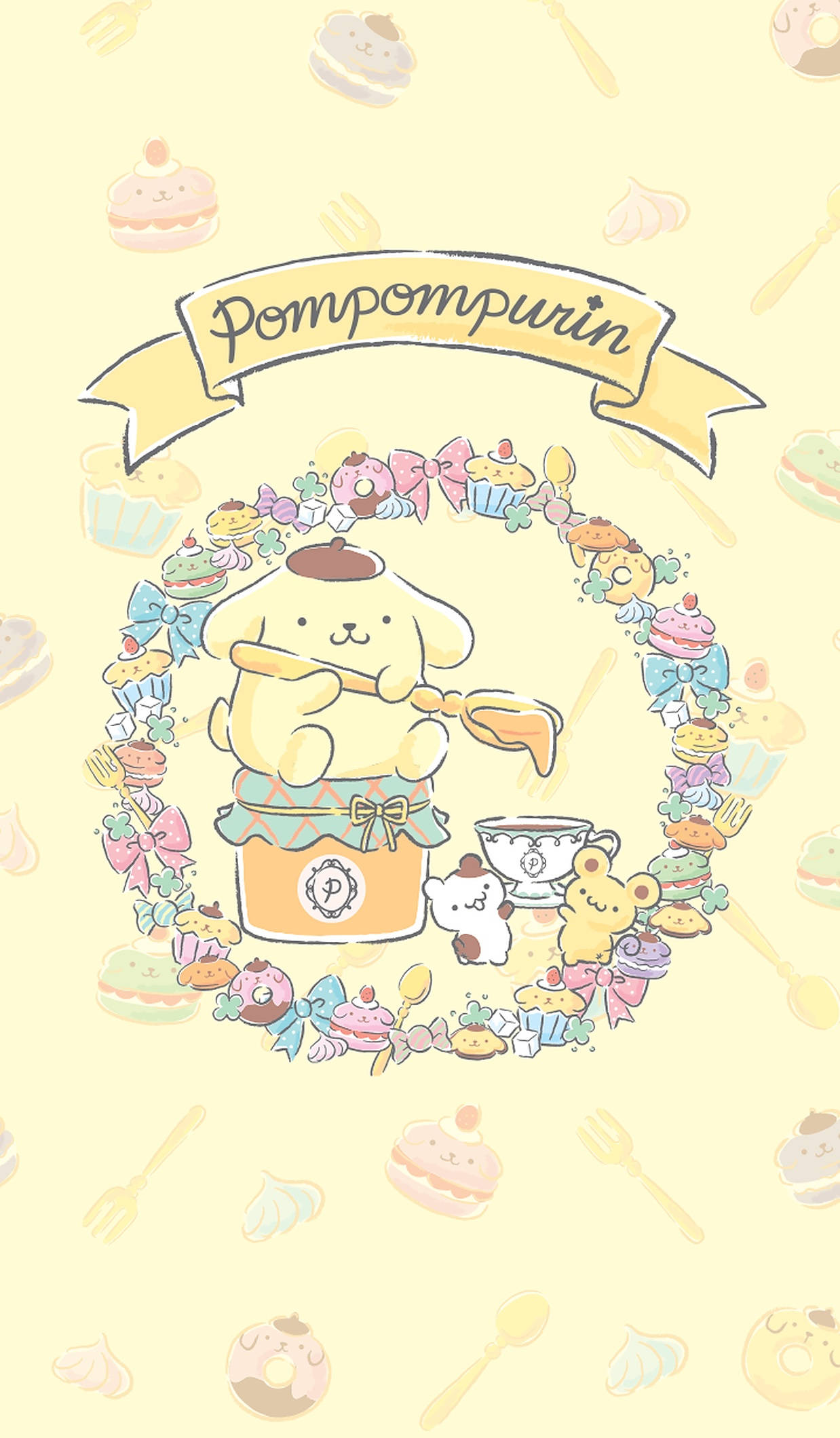 布丁狗 桌布 壁紙 — 一個可愛的黃色 Pompompurin 角色坐在一個罐子上，被一圈粉彩甜點和用具圍繞，背景是奶油色。
