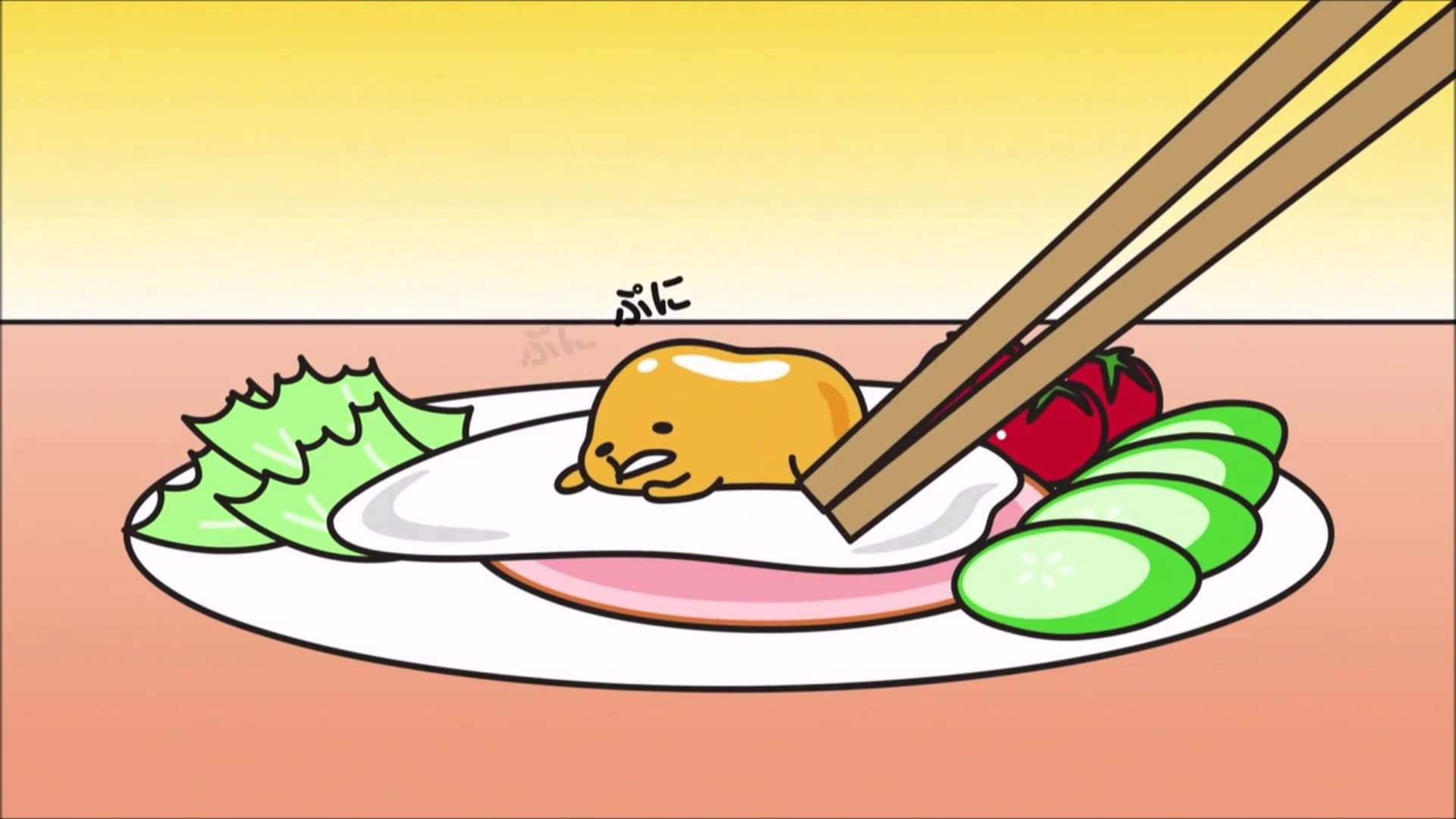 Gudetama Aesthetic 桌布 壁紙 — 一個可愛的黃色gudetama蛋角色懶洋洋地躺在裝有食物的盤子上，筷子在附近漂浮。