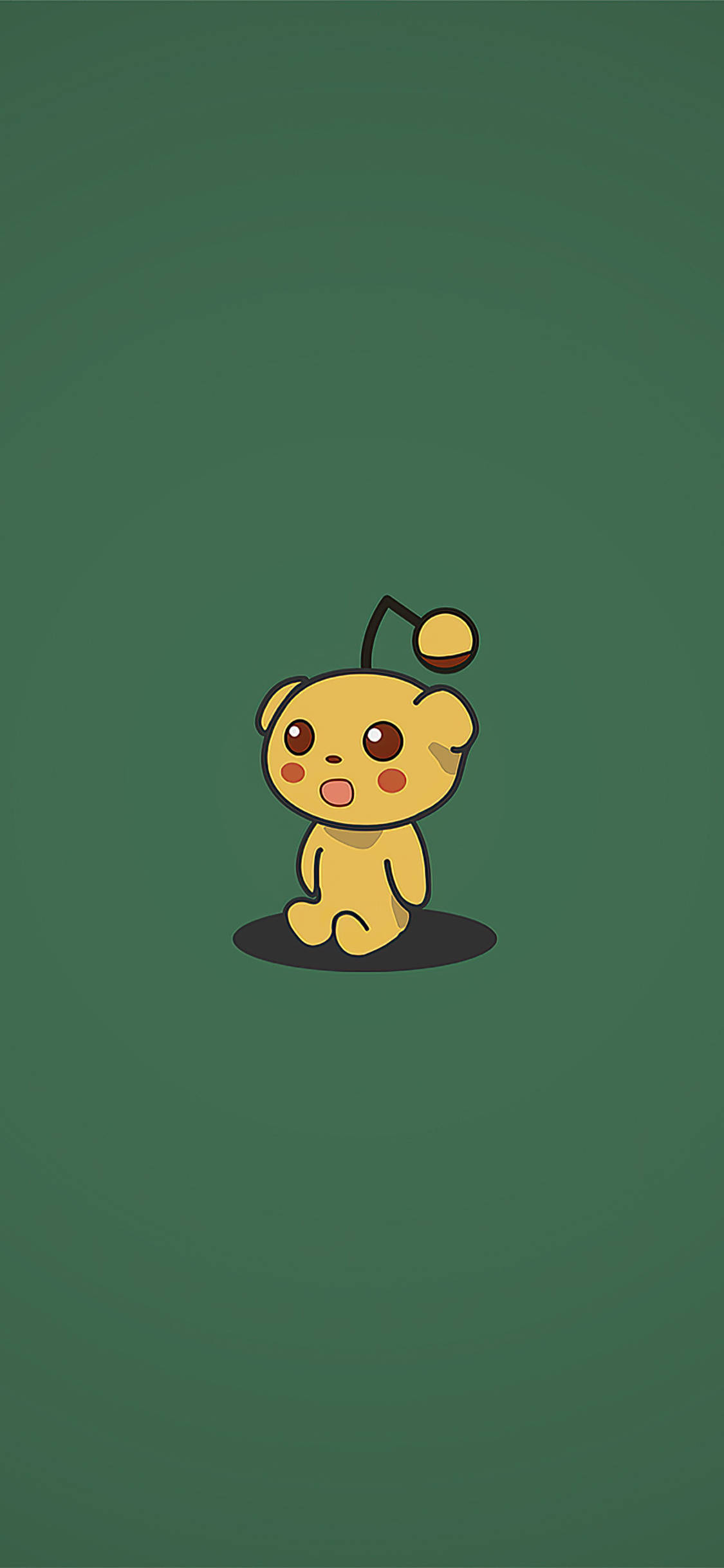 iPhone x cartoon 桌布 壁紙 — 一個可愛的黃色卡通生物，有大眼睛和圓形天線，獨自坐在深綠色背景上。