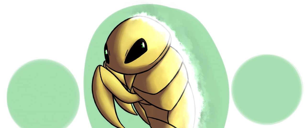 動漫 桌布 壁紙 — 一個可愛的黃色卡通生物，有大眼睛和爪子，在柔軟的綠色圓圈內擁抱自己。