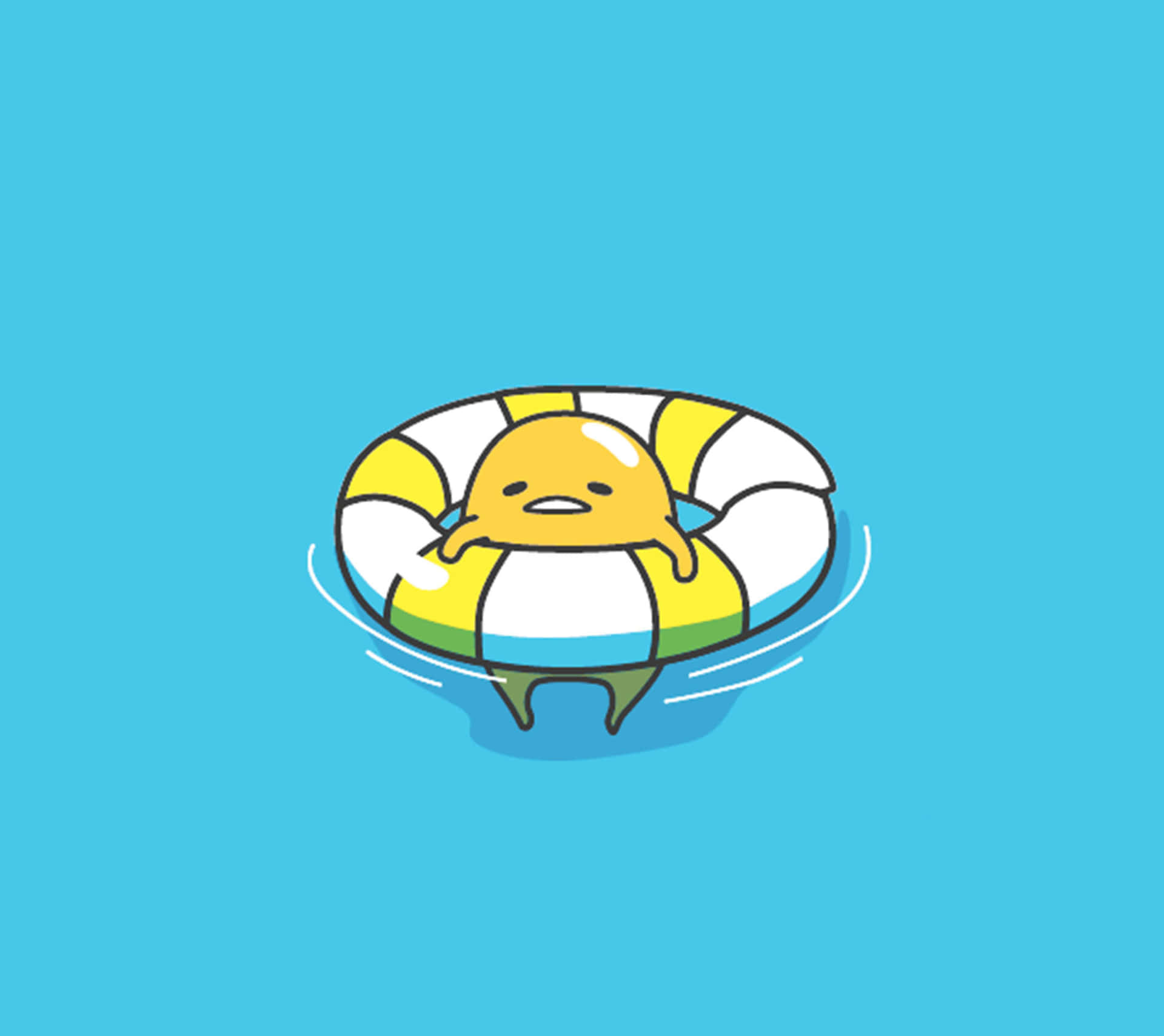 Gudetama Phone 桌布 壁紙 — 一個可愛的黃色卡通角色在平靜的藍色水面上漂浮在黃白相間的救生圈中。