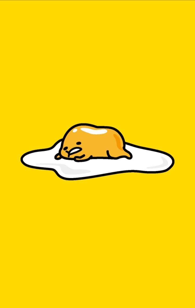 Gudetama Aesthetic 桌布 壁紙 — 一個可愛的黃色卡通角色帶著睡眼惺忪的臉，躺在白色蛋白上，背景是純黃色。
