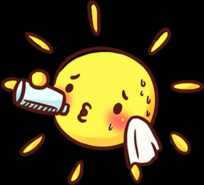 太陽 桌布 壁紙 — 一個可愛的黃色太陽角色，臉頰泛紅，一邊用布擦汗，一邊從瓶子裡喝水。