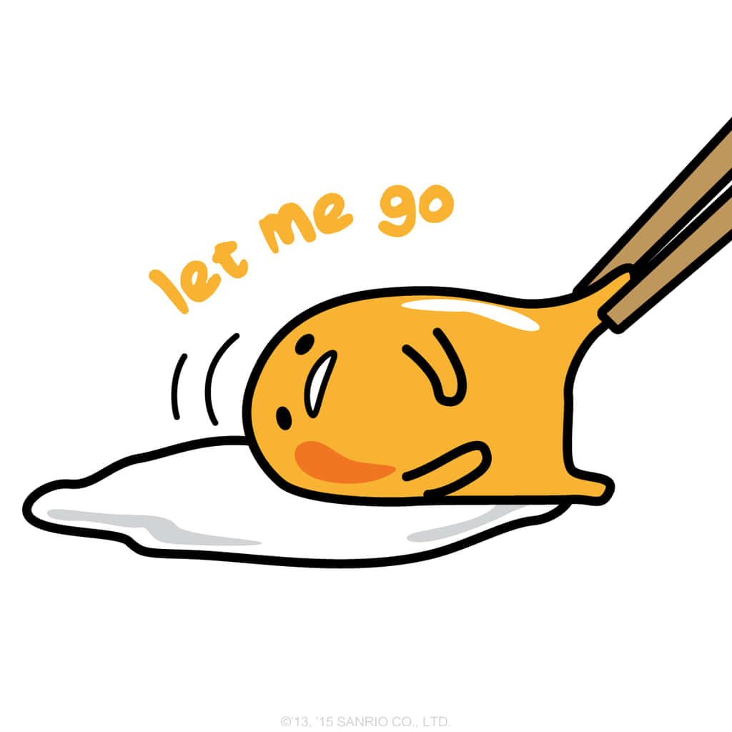 Gudetama Phone 桌布 壁紙 — 一個可愛的黃色餃子角色帶著懇求的表情被筷子夾起，並附有文字「放我走」。