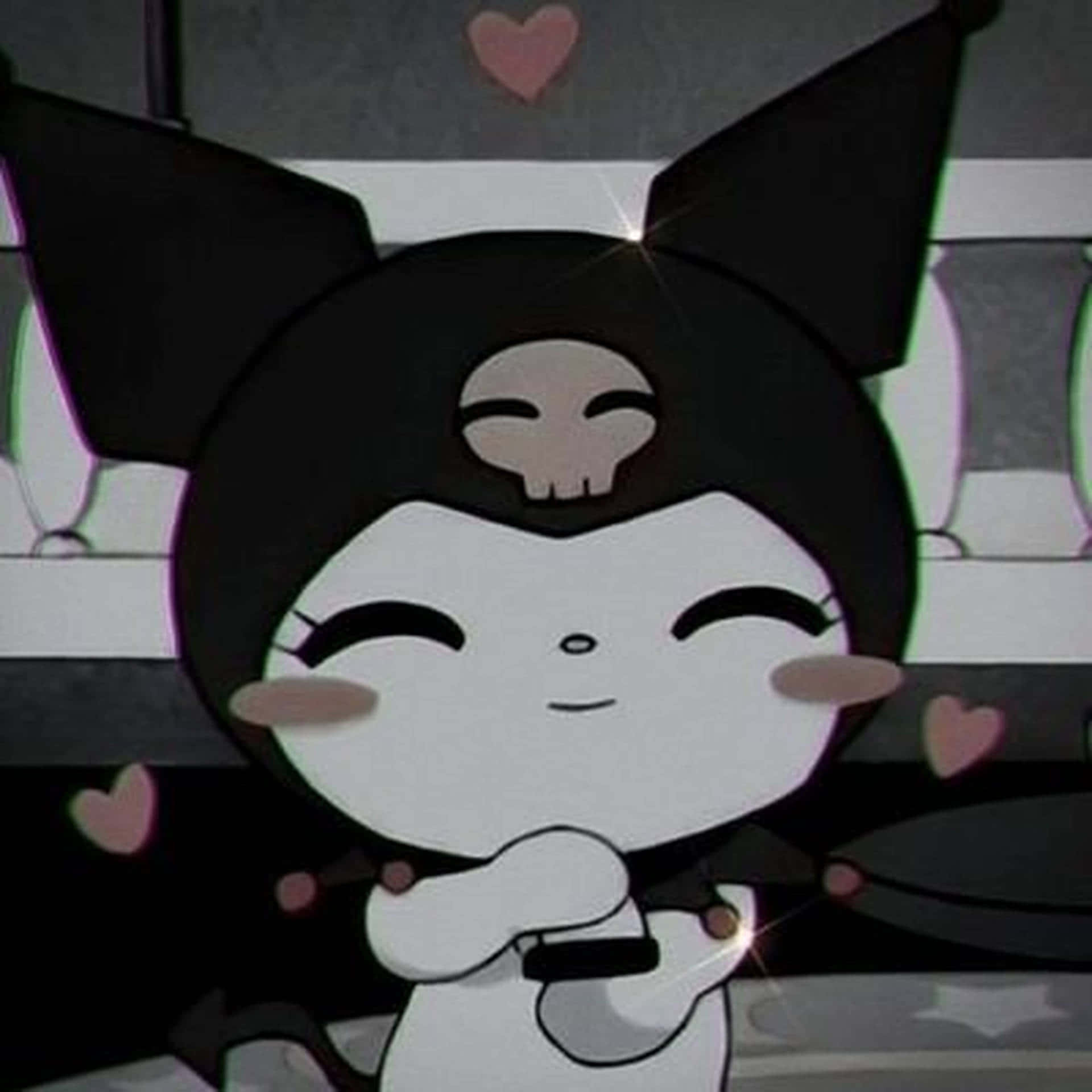 Emo Hello Kitty 桌布 壁紙 — 一個可愛的黑白動漫角色，帶有骷髏圖案和漂浮的心形，在風格化的數位場景中。