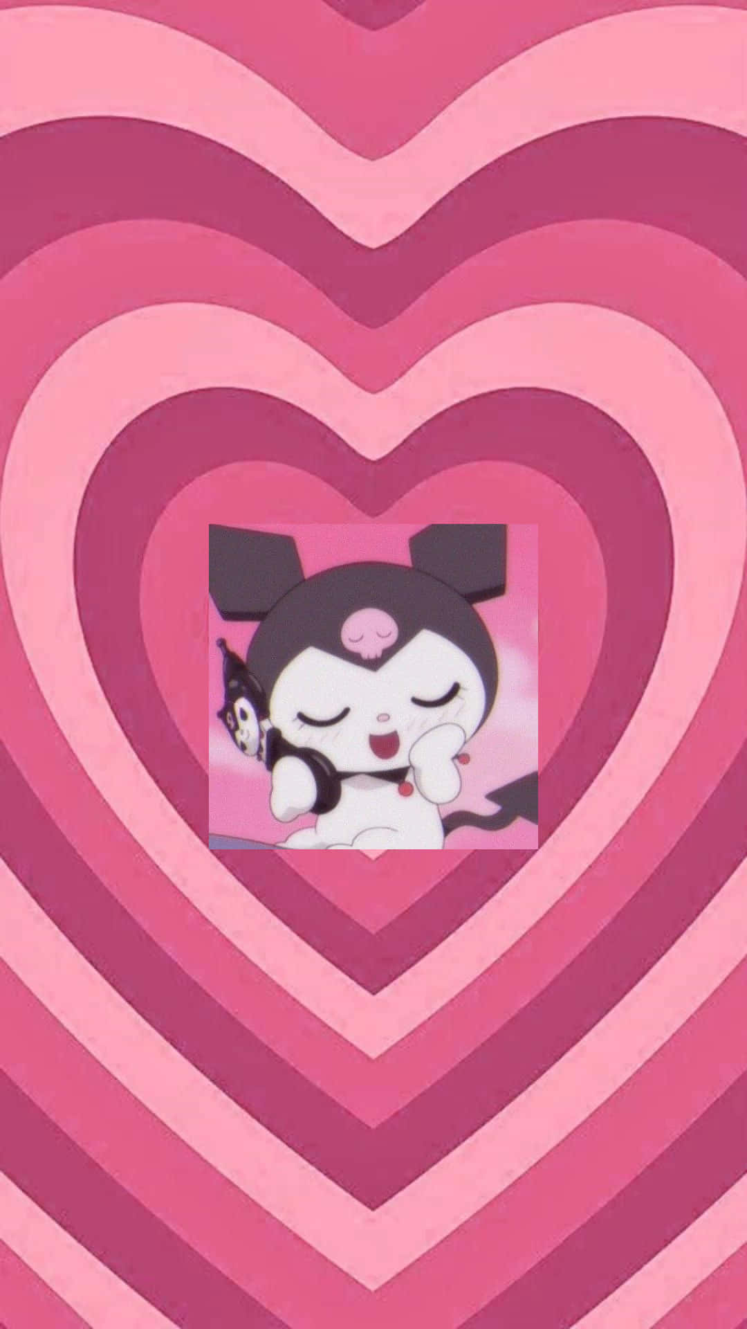 Hello Kitty And Friends 桌布 壁紙 — 一個可愛的黑白動漫角色，長著兔耳朵，滿足地坐在分層的粉紅色心形圖案內。