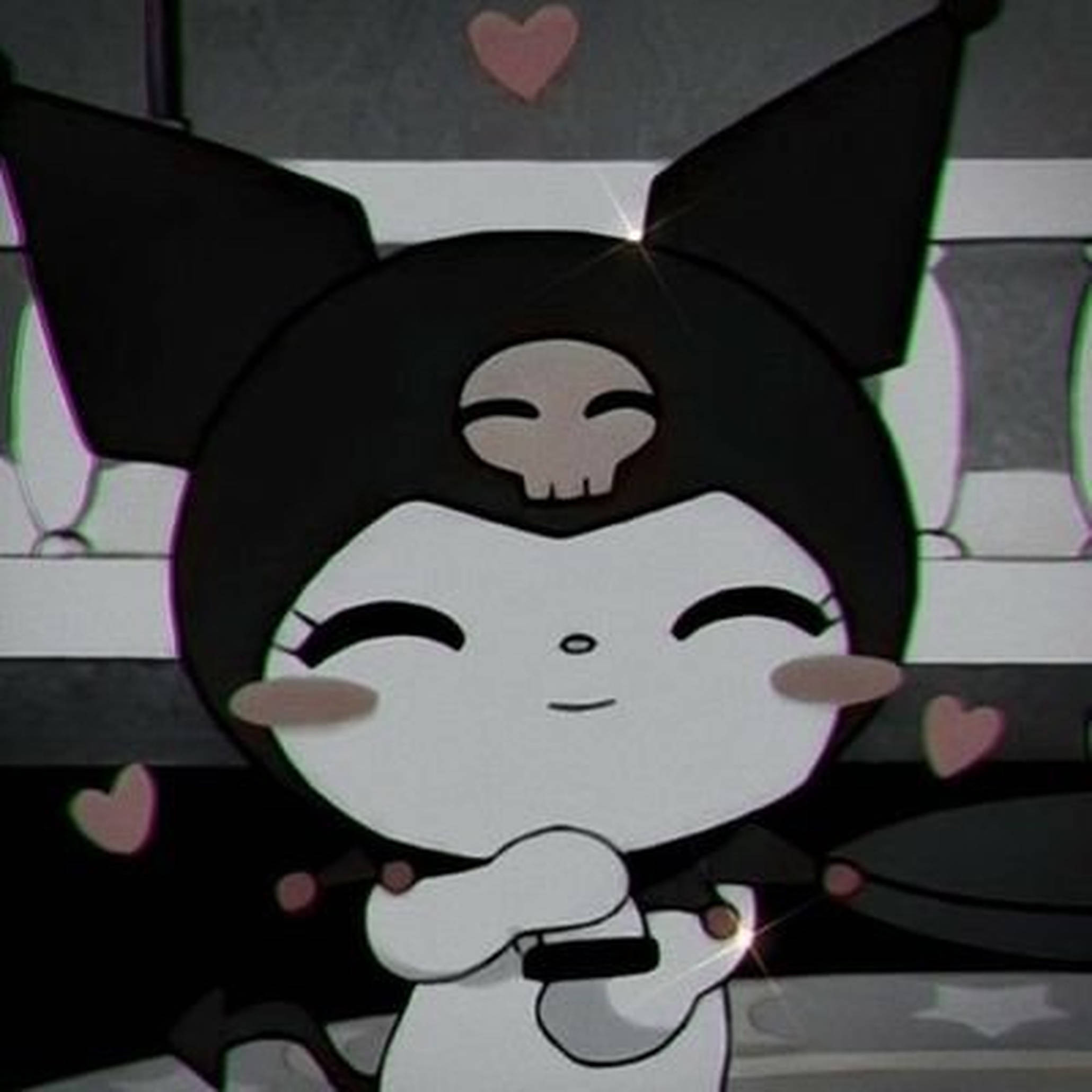 emo 頭像 桌布 壁紙 — 一個可愛的黑白動漫角色，頭上戴著骷髏頭，在風格化的數位場景中微笑，周圍漂浮著愛心。