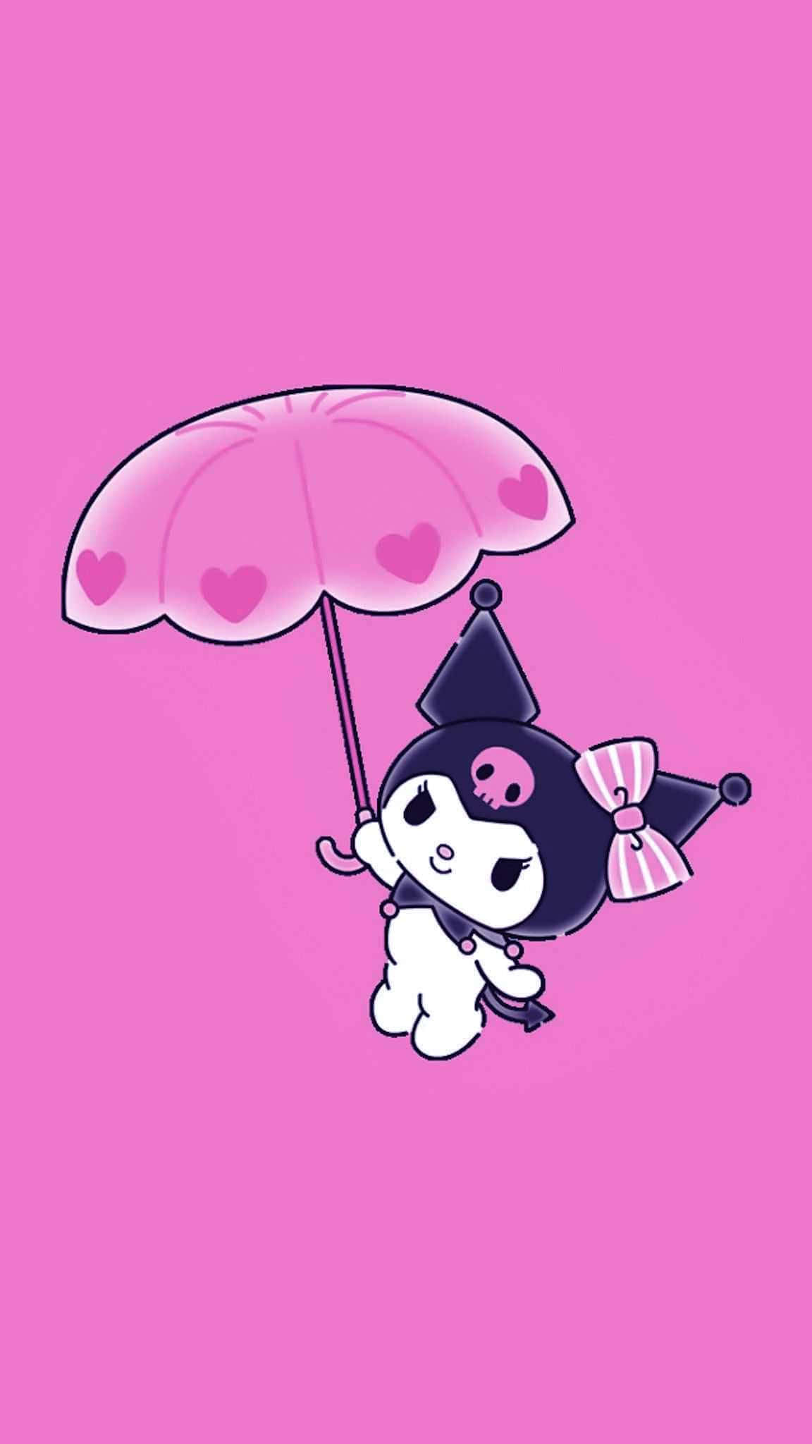 Kuromi Kawaii 桌布 壁紙 — 一個可愛的黑白卡通角色，帶有骷髏圖案，在純粉紅色背景上拿著一把粉紅色心形圖案雨傘。