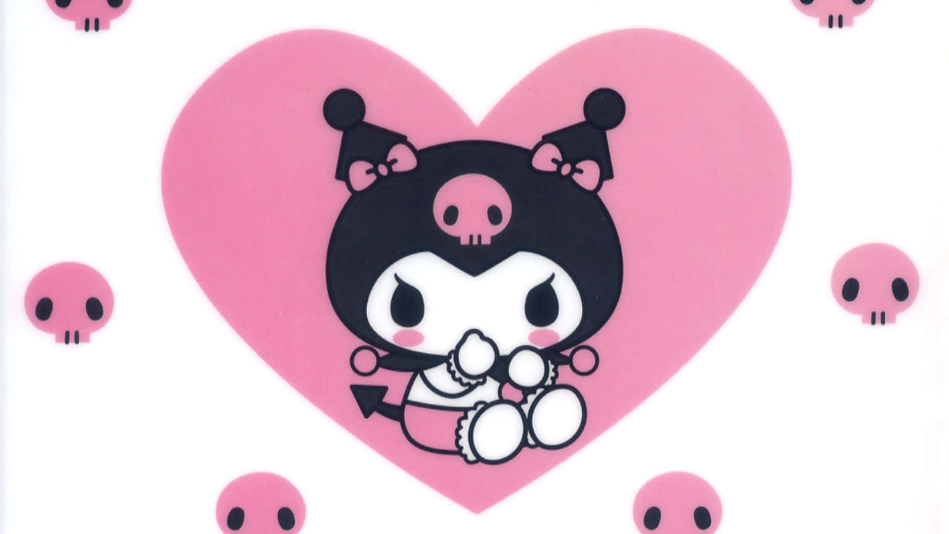 Kuromi Pattern 桌布 壁紙 — 一個可愛的黑粉紅色骷髏主題角色坐在一個大的粉紅色心形內，周圍有較小的粉紅色骷髏，背景為白色。
