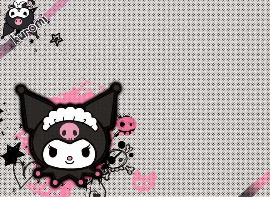 Hello Kitty And Friends 桌布 壁紙 — 一個可愛的黑粉配色Kuromi角色，帶有骷髏圖案和星星點綴，背景為半色調紋理。