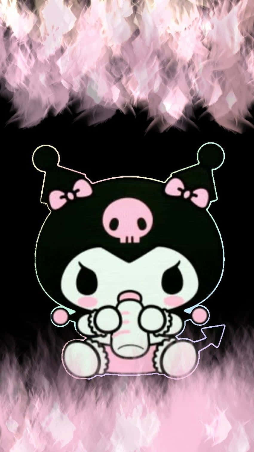 Emo Hello Kitty 桌布 壁紙 — 一個可愛的黑粉配色Kuromi角色坐在黑暗背景中發光的粉紅色櫻花之間。