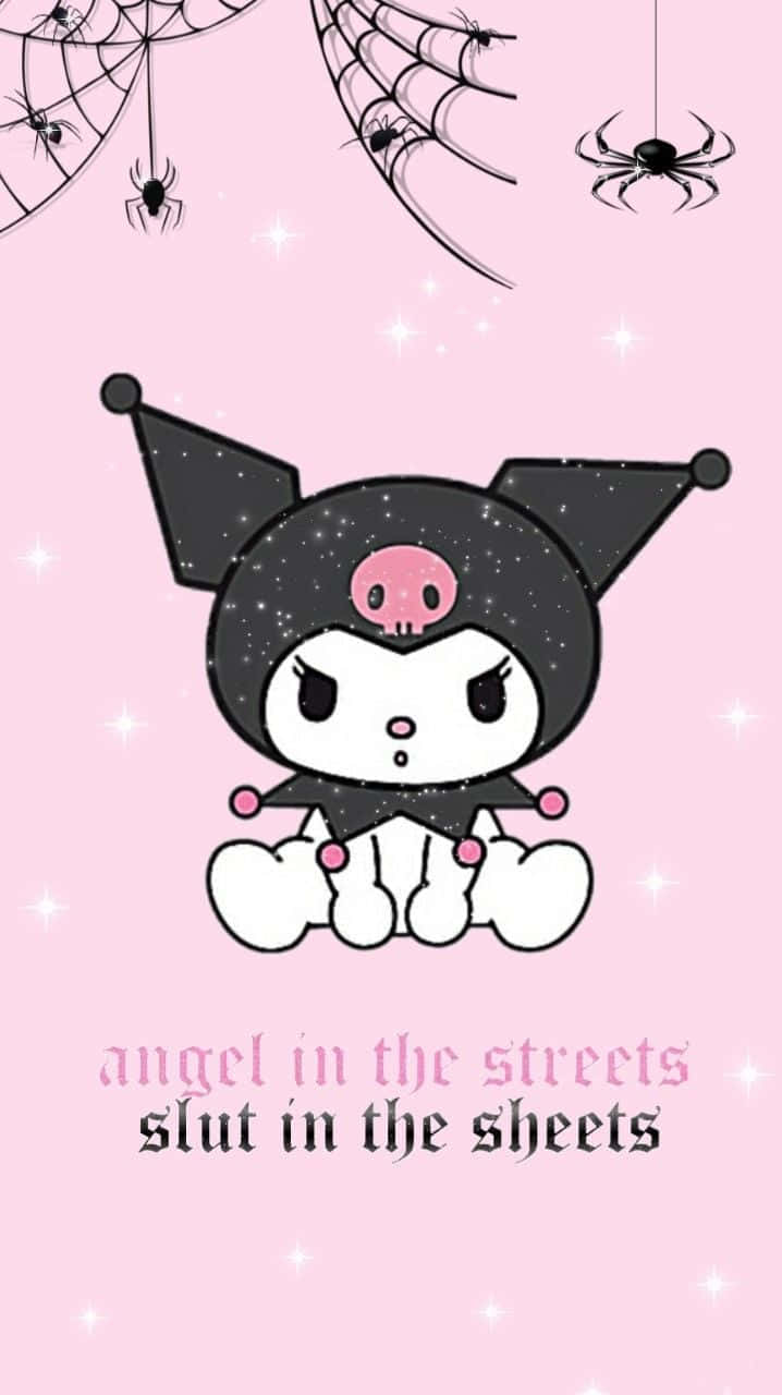 sanrio 桌布 壁紙 — 一個可愛的黑色帽子卡通角色，有著粉紅色骷髏臉，坐在粉紅色閃亮背景前，背景掛著蜘蛛網和蜘蛛。