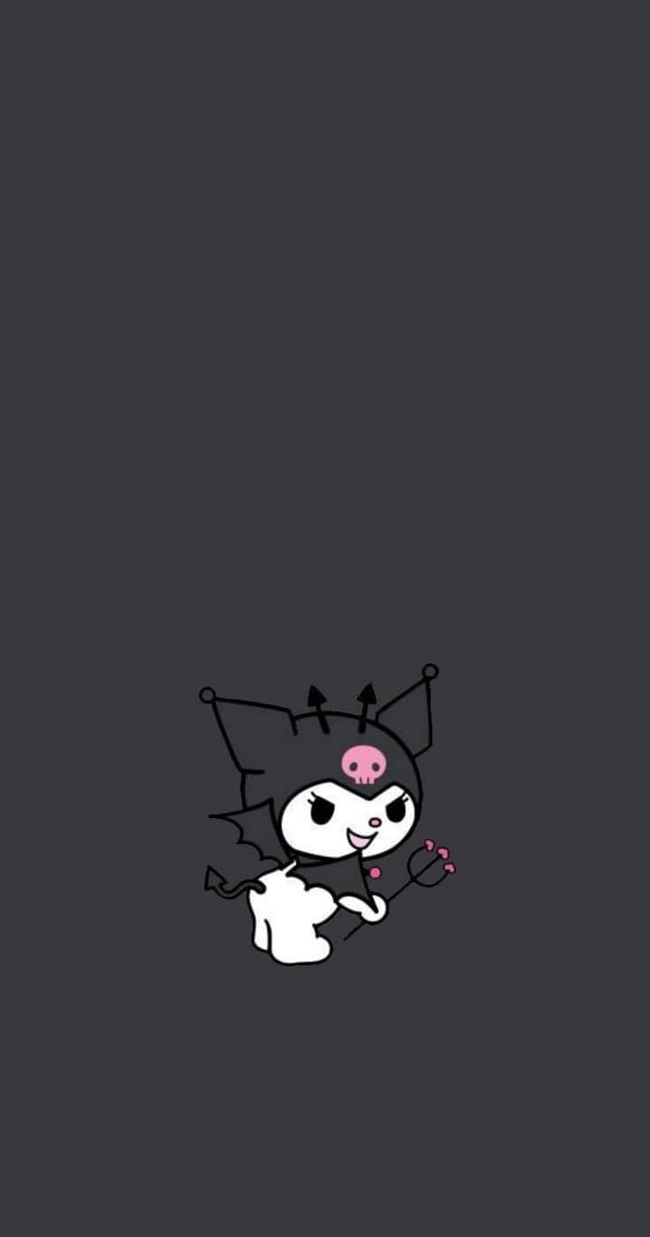 sanrio 桌布 壁紙 — 一個可愛的黑色蝙蝠主題卡通角色，戴著粉紅色頭骨頭飾，在深灰色背景上微笑。