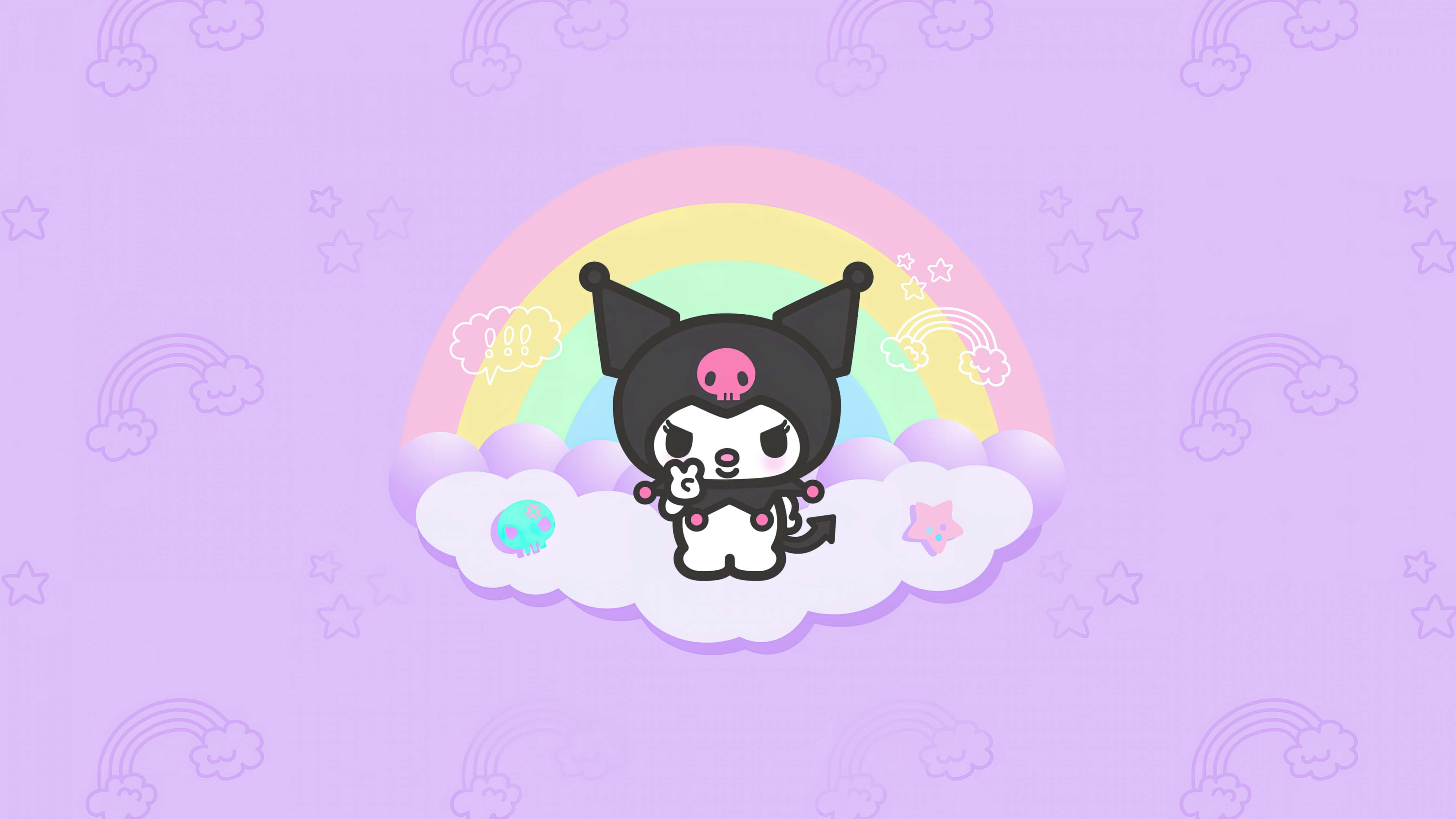 Kuromi Kawaii 桌布 壁紙 — 一個可愛的黑色貓咪角色，臉部為骷髏頭，坐在雲朵上，彩虹之下，背景為紫色，點綴星星和彩虹。