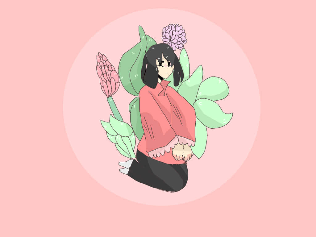 桌布 壁紙 — 一個可愛的黑髮動漫女孩坐在柔和的粉紅色背景上，被大片綠葉和粉紅色花朵包圍。