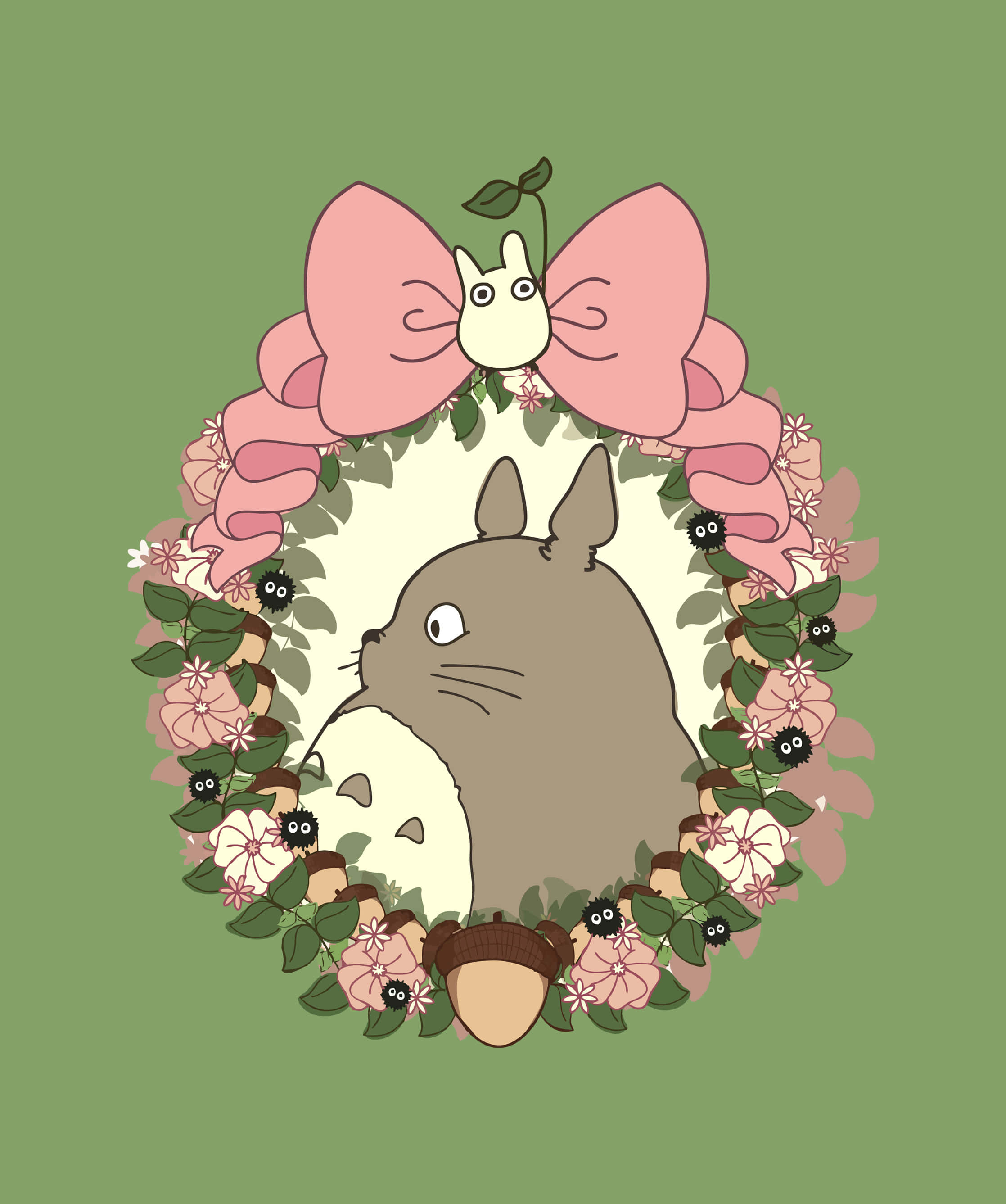 龍貓在花環中，帶著橡果和黑色小生物 — 龍貓 GIF 壁紙