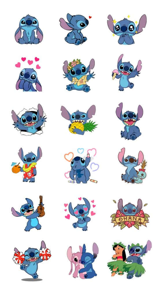Adorable Stitch 桌布 壁紙 — 一個可愛藍色外星人史迪奇貼紙的網格，展示各種俏皮姿勢和服裝，背景為白色。