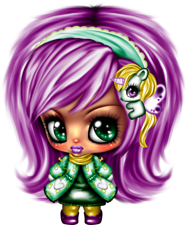 Bratz 桌布 壁紙 — 一個可愛風格的女孩，擁有充滿活力的紫色頭髮和綠色眼睛，穿著帶有白色心形圖案的綠色連衣裙，並戴著獨角獸髮夾。