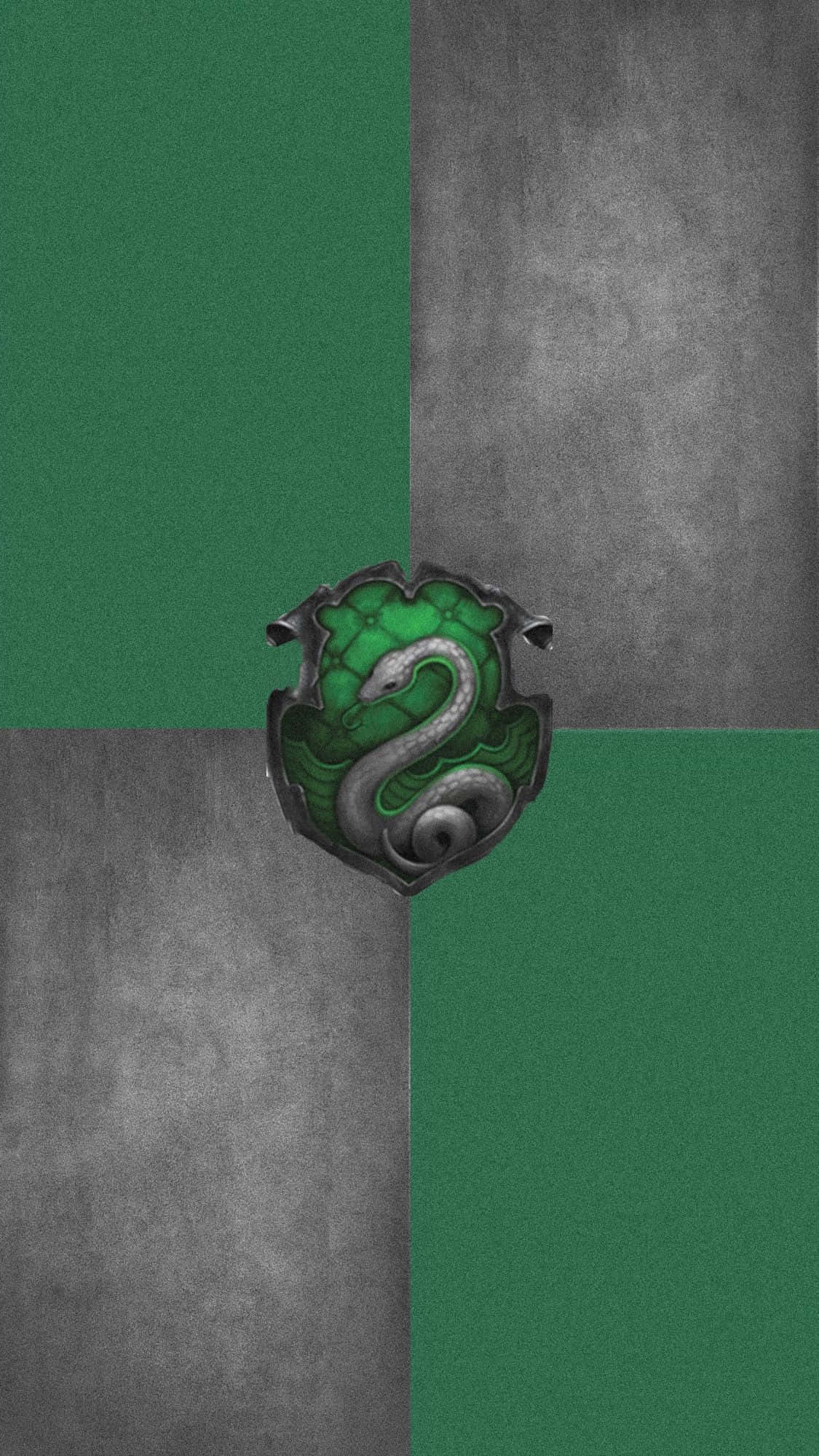 Slytherin Phone 桌布 壁紙 — 一個史萊哲林學院徽章，銀色蛇在綠色和灰色格紋背景上。