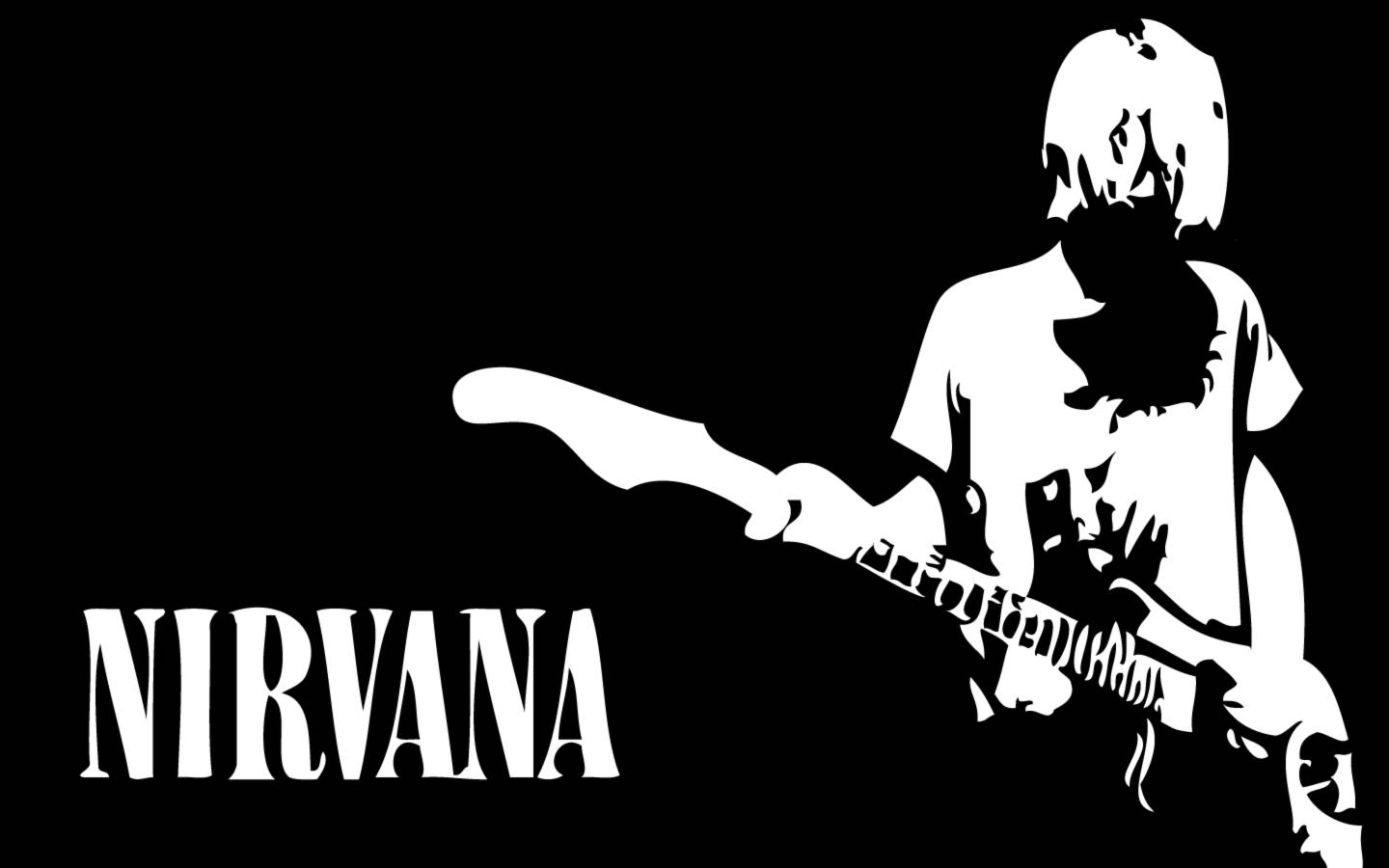 nirvana 4K 桌布 壁紙 — 一個吉他手在黑色背景上演奏的鮮明白色剪影，並帶有粗體字NIRVANA。