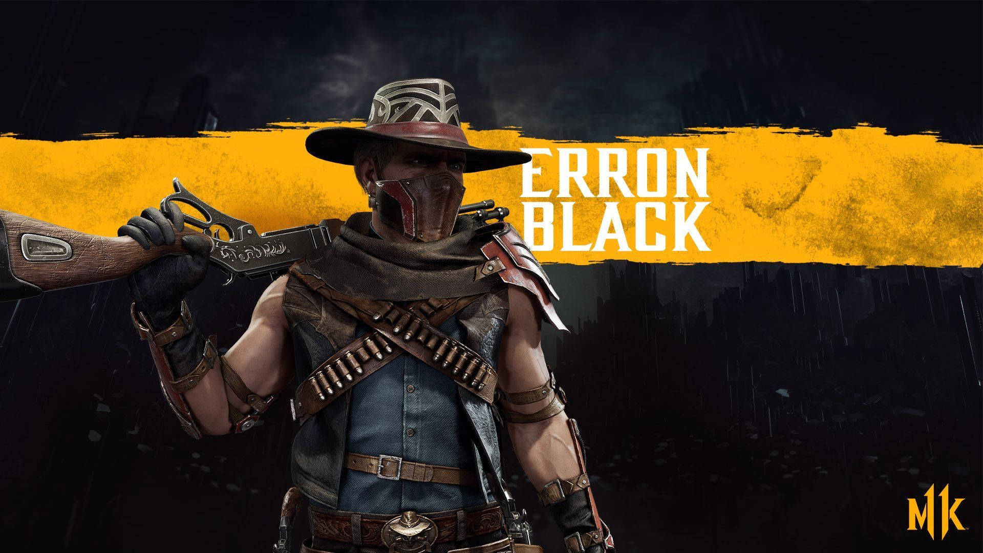 Mk11 桌布 壁紙 — 一個名叫 Erron Black 的蒙面牛仔戰士站在雨中，手持獵槍，身後有一面大膽的黃色橫幅。