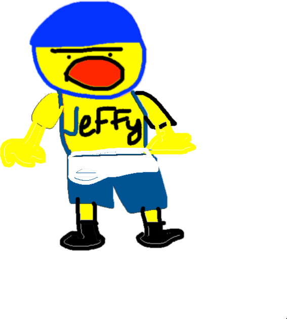 Jeffy 桌布 壁紙 — 一個名叫Jeffy的卡通人物，戴著藍色帽子，紅色嘴巴，黃色身體，站在黑色背景前。