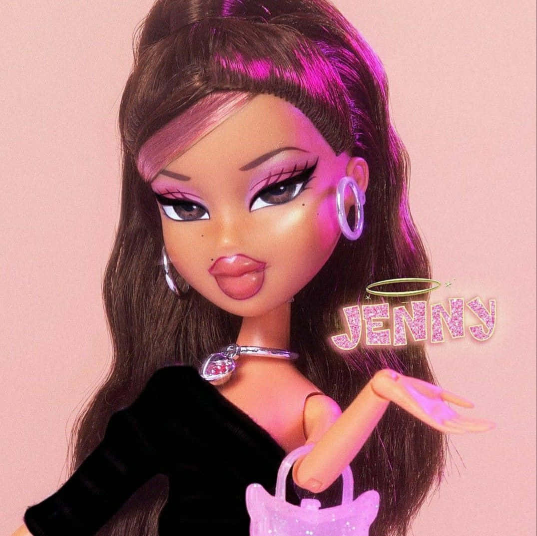bratz 美學 桌布 壁紙 — 一個名叫Jenny的Bratz娃娃，擁有長長的棕色頭髮和粉紅色挑染，在柔和的粉紅色背景前自信地擺姿勢。