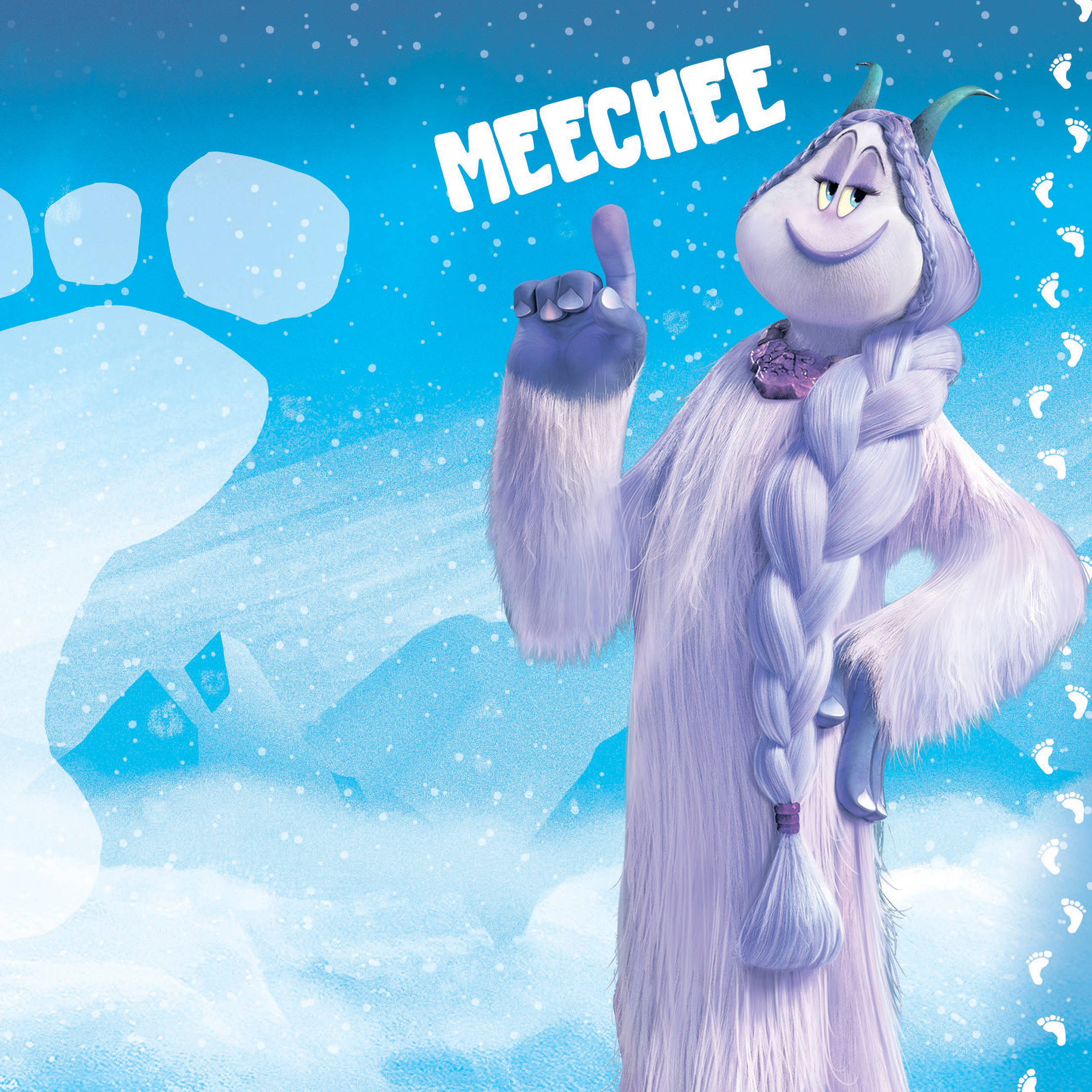 Smallfoot 桌布 壁紙 — 一個名叫Meechee的快樂紫色雪人站在雪景中，友善地微笑著向上指。