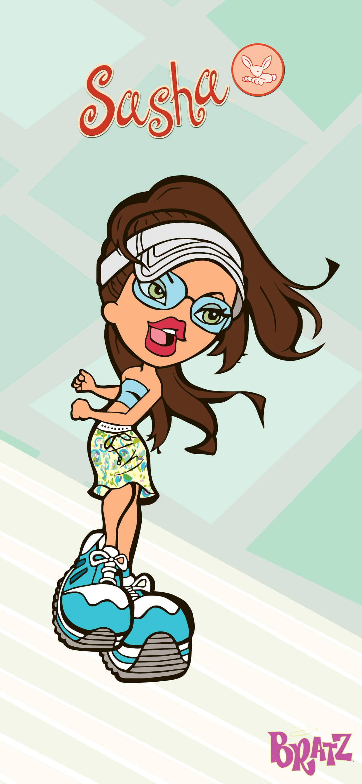 Bratz 桌布 壁紙 — 一個名叫Sasha的卡通Bratz娃娃，棕色頭髮，戴著藍色眼鏡，在幾何背景前擺出動感姿勢。