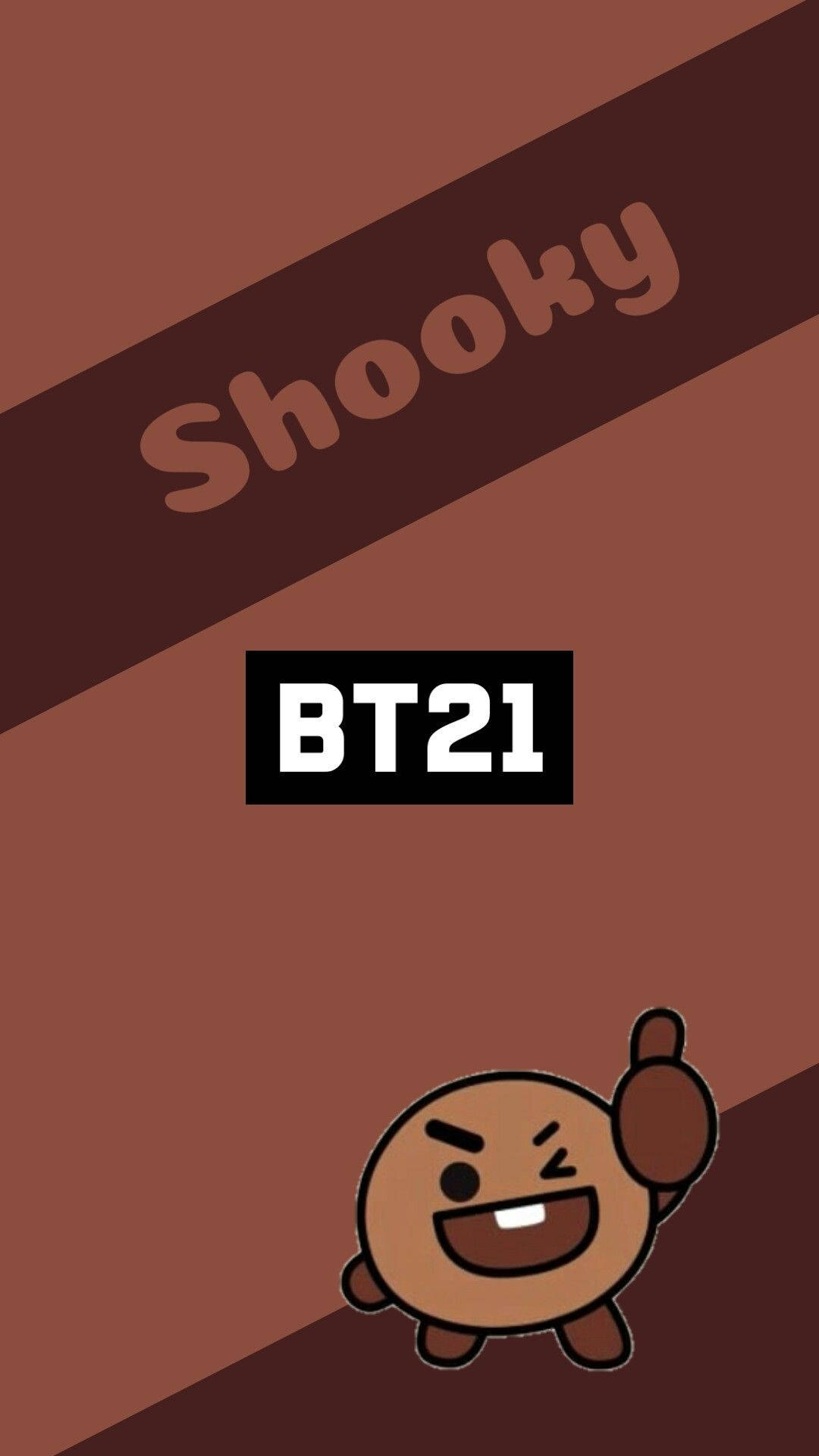 shooky bt21 桌布 壁紙 — 一個名叫Shooky的BT21快樂卡通角色在對角線棕色漸變背景上開心地揮手。