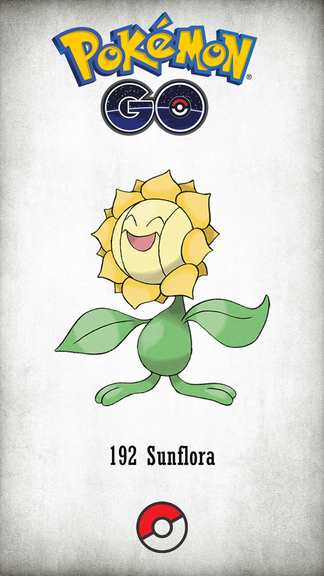 電玩遊戲 桌布 壁紙 — 一個名叫Sunflora的快樂卡通向日葵寶可夢，帶著笑臉和綠色莖，站在有紋理的灰色背景前。