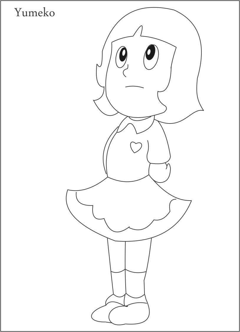 動漫女孩 桌布 壁紙 — 一個名叫Yumeko的女孩穿著胸前有心形圖案的連衣裙，面無表情地站著的黑白線條畫。
